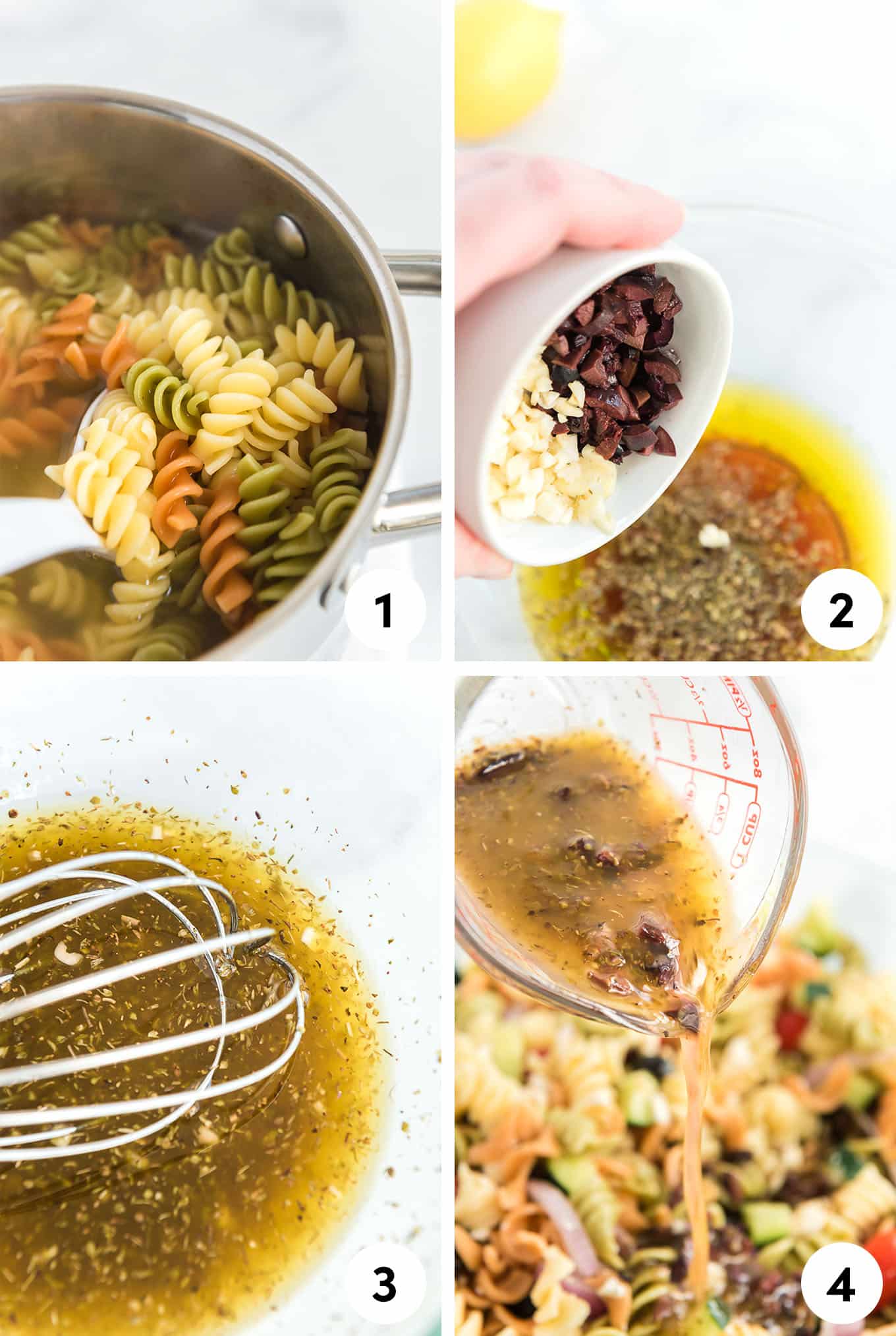 A collage showing the pasta cooking, adding the olives and garlic to the dressing, mixing the dressing, and adding it to the bowl of salad.