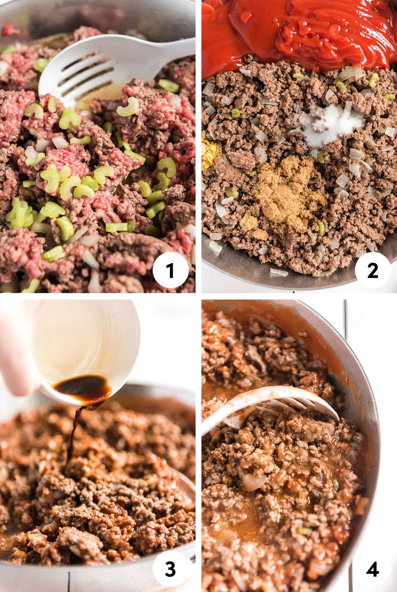 A collage of images showing how to make sloppy joe sauce from browning meat to adding all the ingredients.