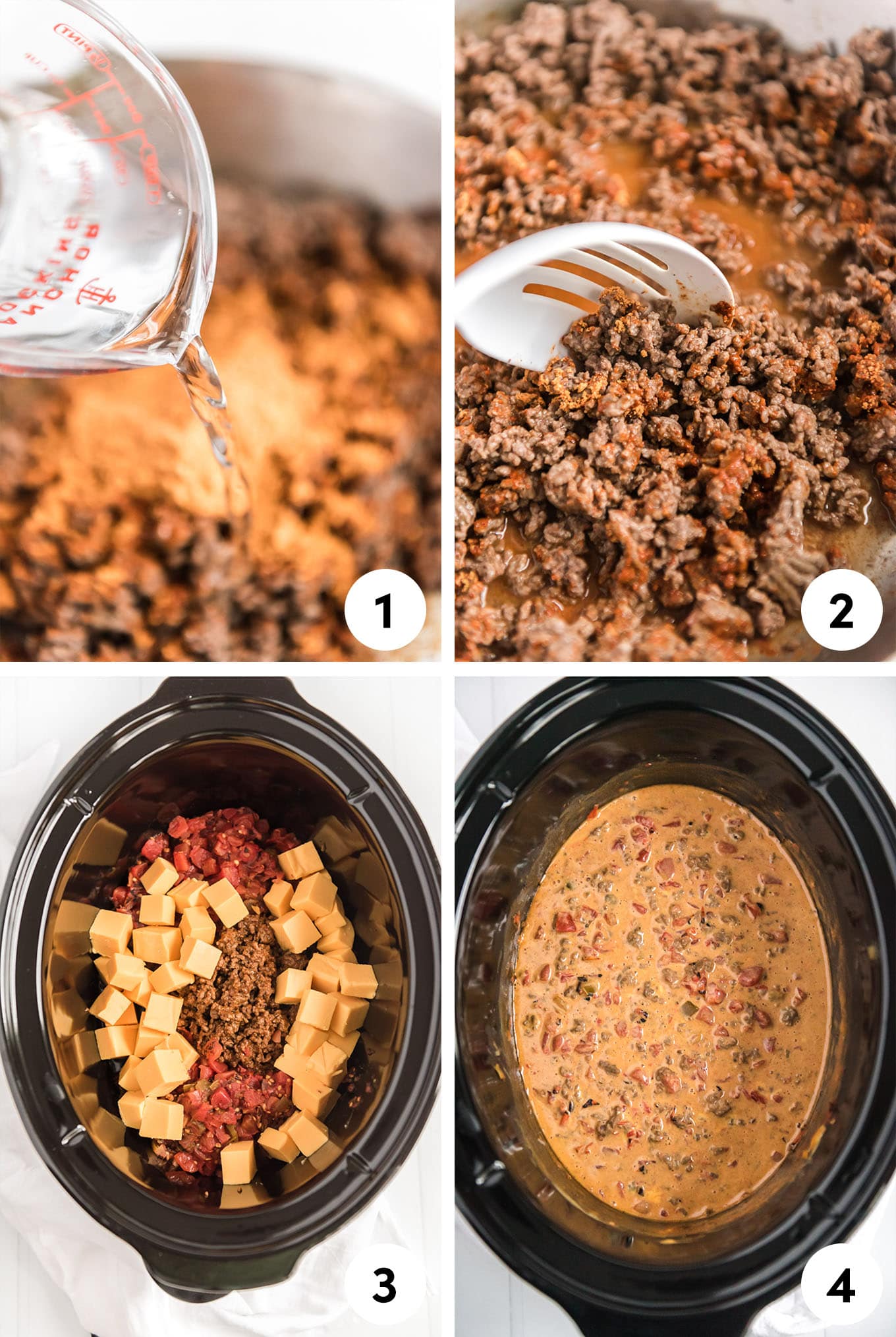 All of the how-to steps for the slow cooker queso: making the ground beef, adding the ingredients to the pot of the slow cooker, and the cooked queso in the slow cooker pot.