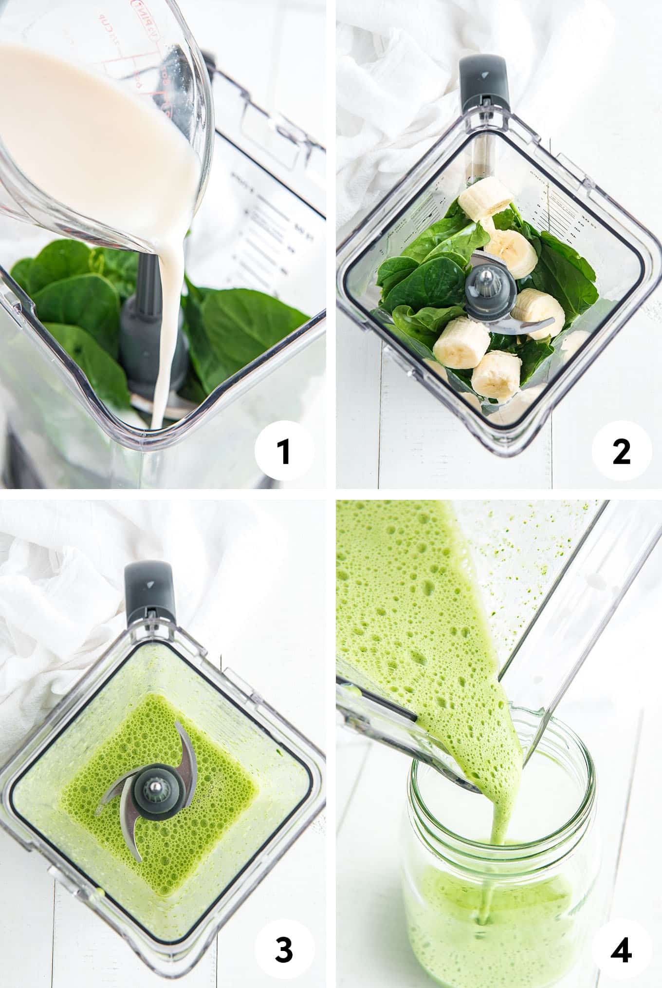 Collage of images showing the steps for making a spinach smoothie.
