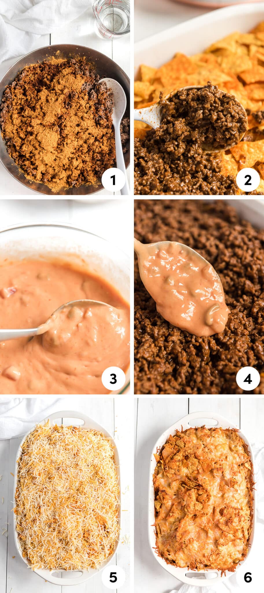 Step by step process shots on Dorito Taco Casserole. 