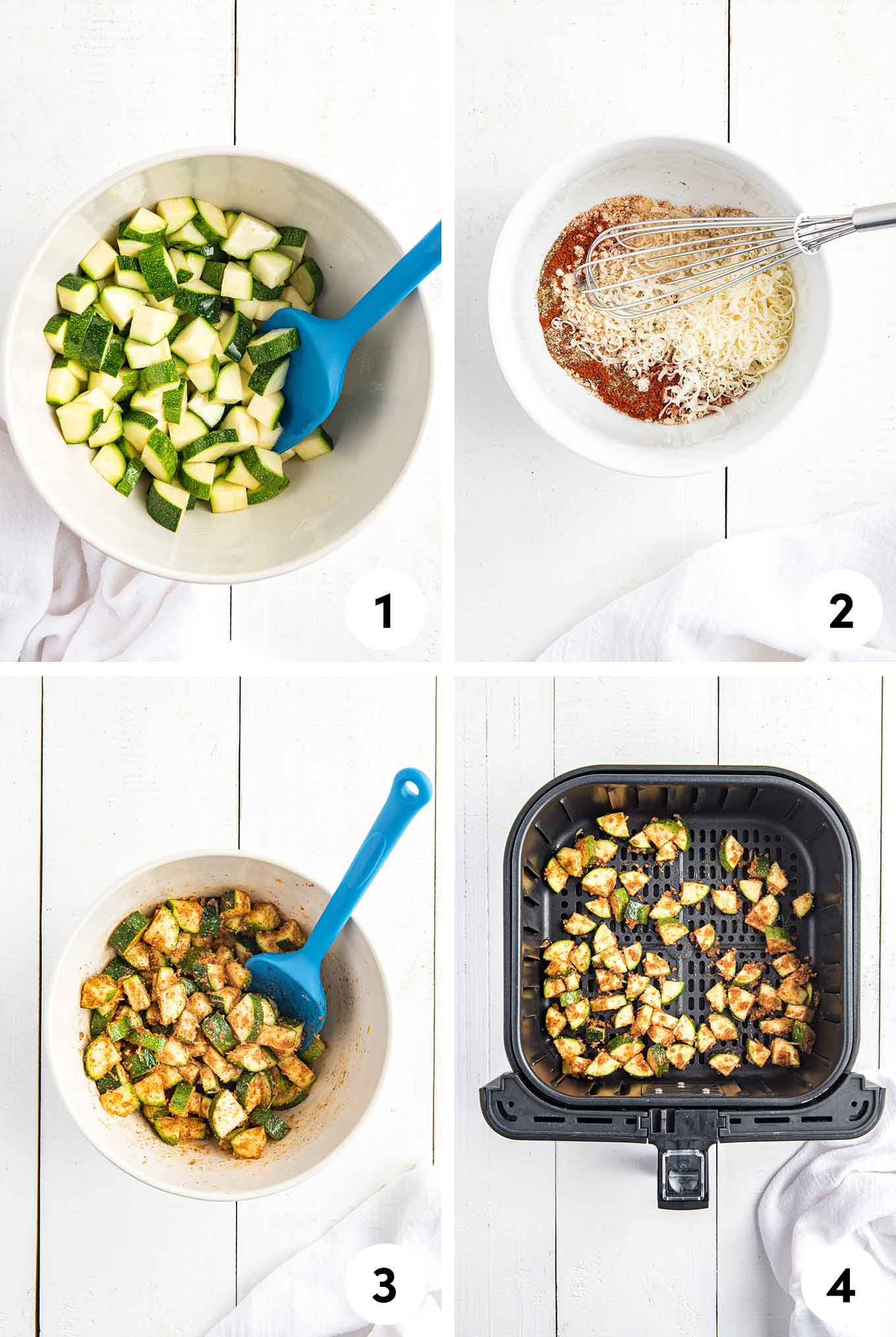 A collage of steps to make air fried zucchini from zucchini in the bowl, mixing the seasoning, toss it, and in the air fryer basket.