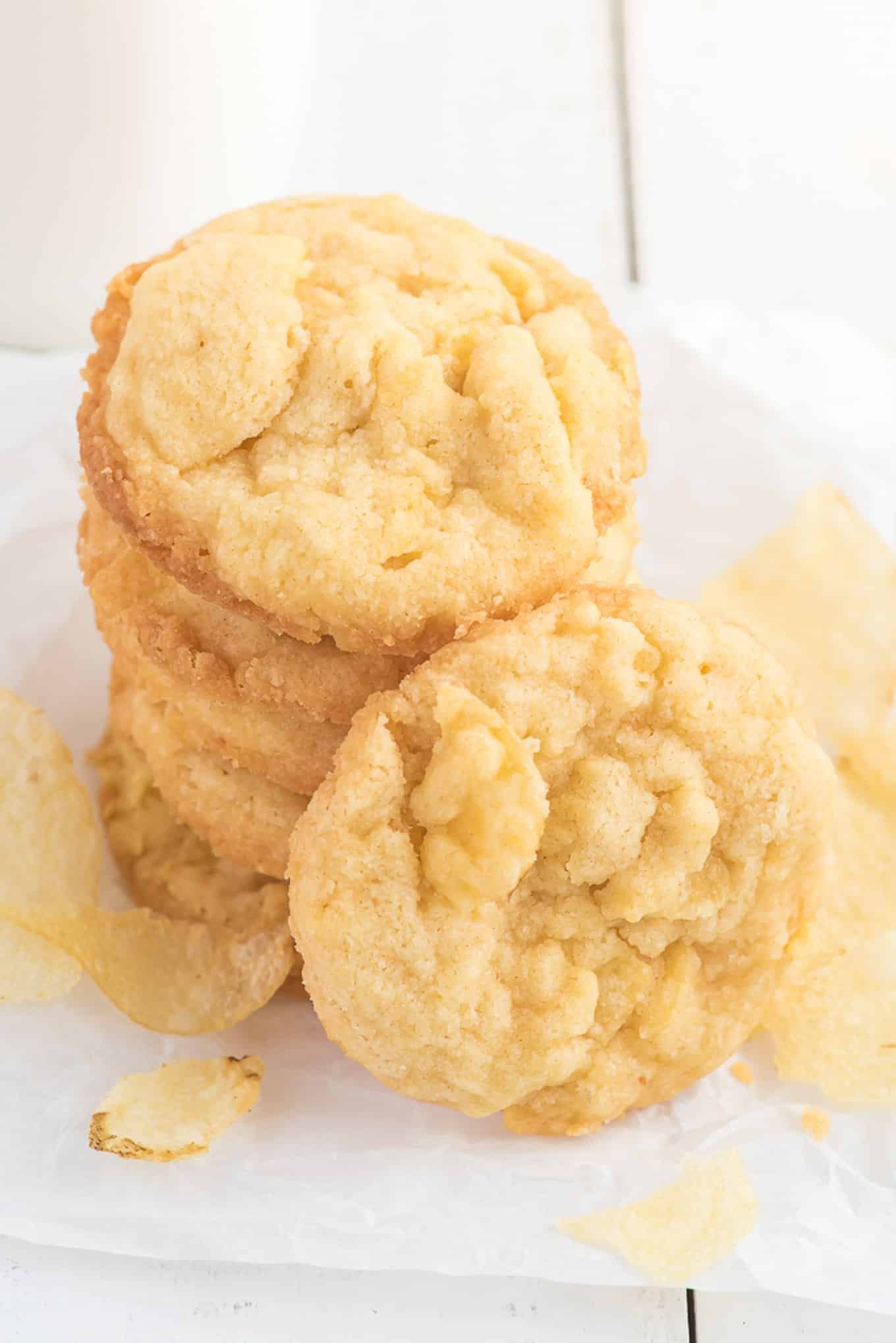 Sweet and salty potato chip cookies in a stack. 
