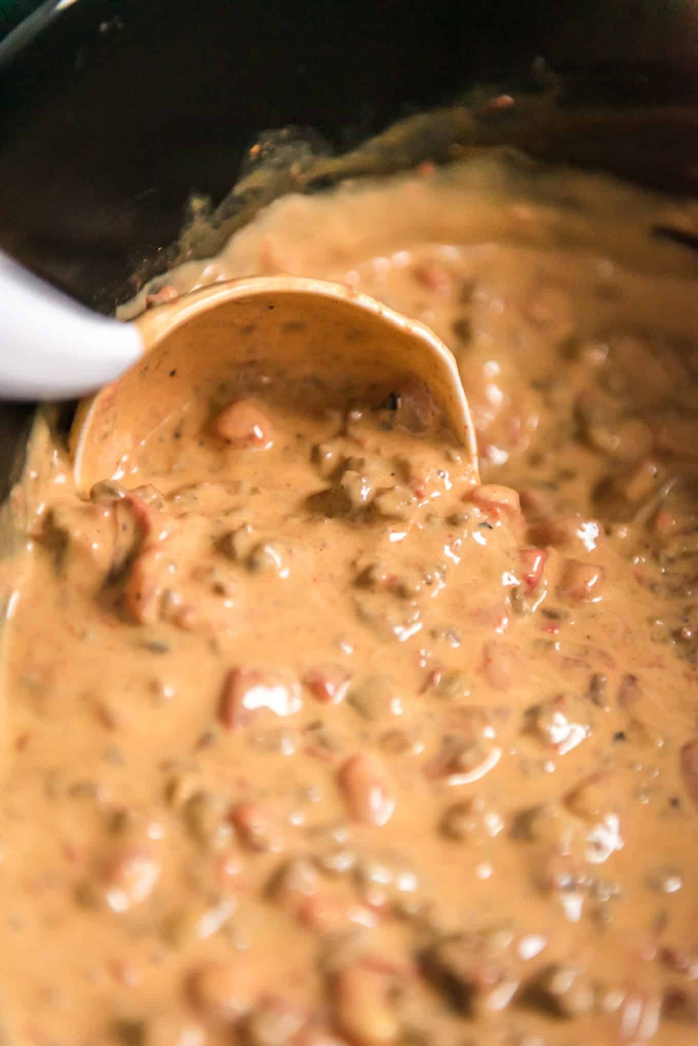 Stirring the slow cooker queso in the pot of the slow cooker.