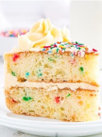 A slice of funfetti cake mix from a box on a plate.