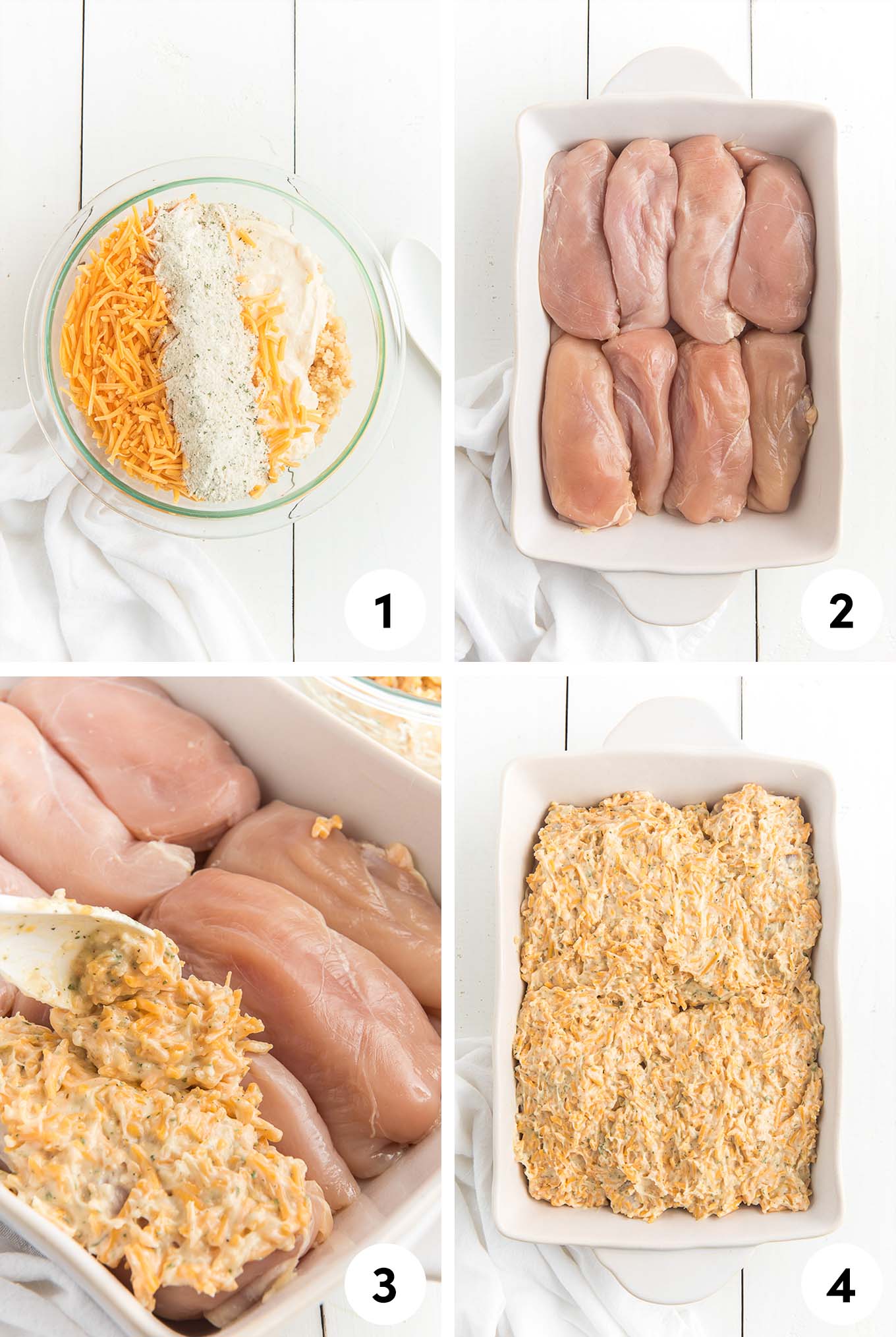 A collage of images showing the major steps for making cheesy ranch chicken including mixing the ranch cheese topping to the chicken in the baking dish and finally adding the topping over the chicken pieces.