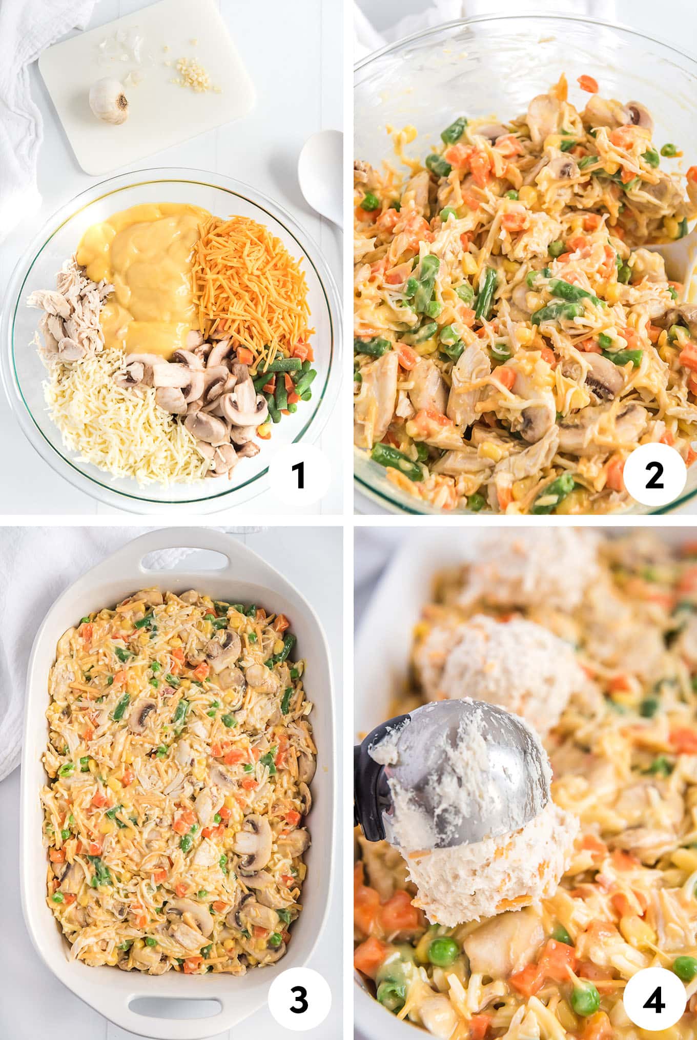 Process photos on how to make Chicken pot pie with red lobster biscuits. 