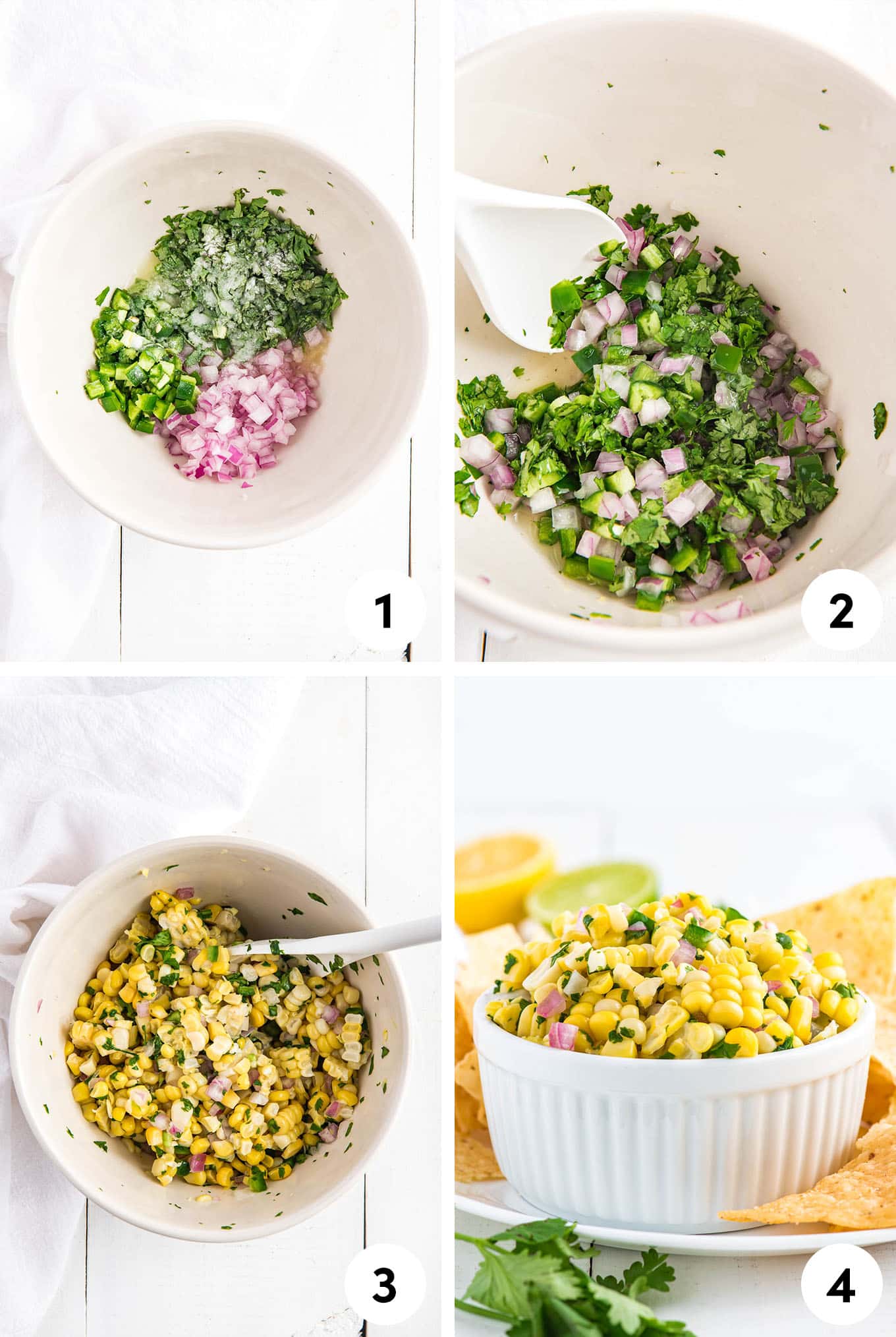 Collage of mixing up the corn salsa with ingredients in a bowl, adding the corn and after mixing in a bowl with chips.