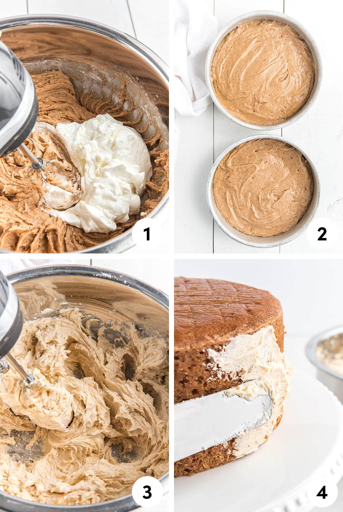 step-by-step process collage of how to make cinnamon cake. 