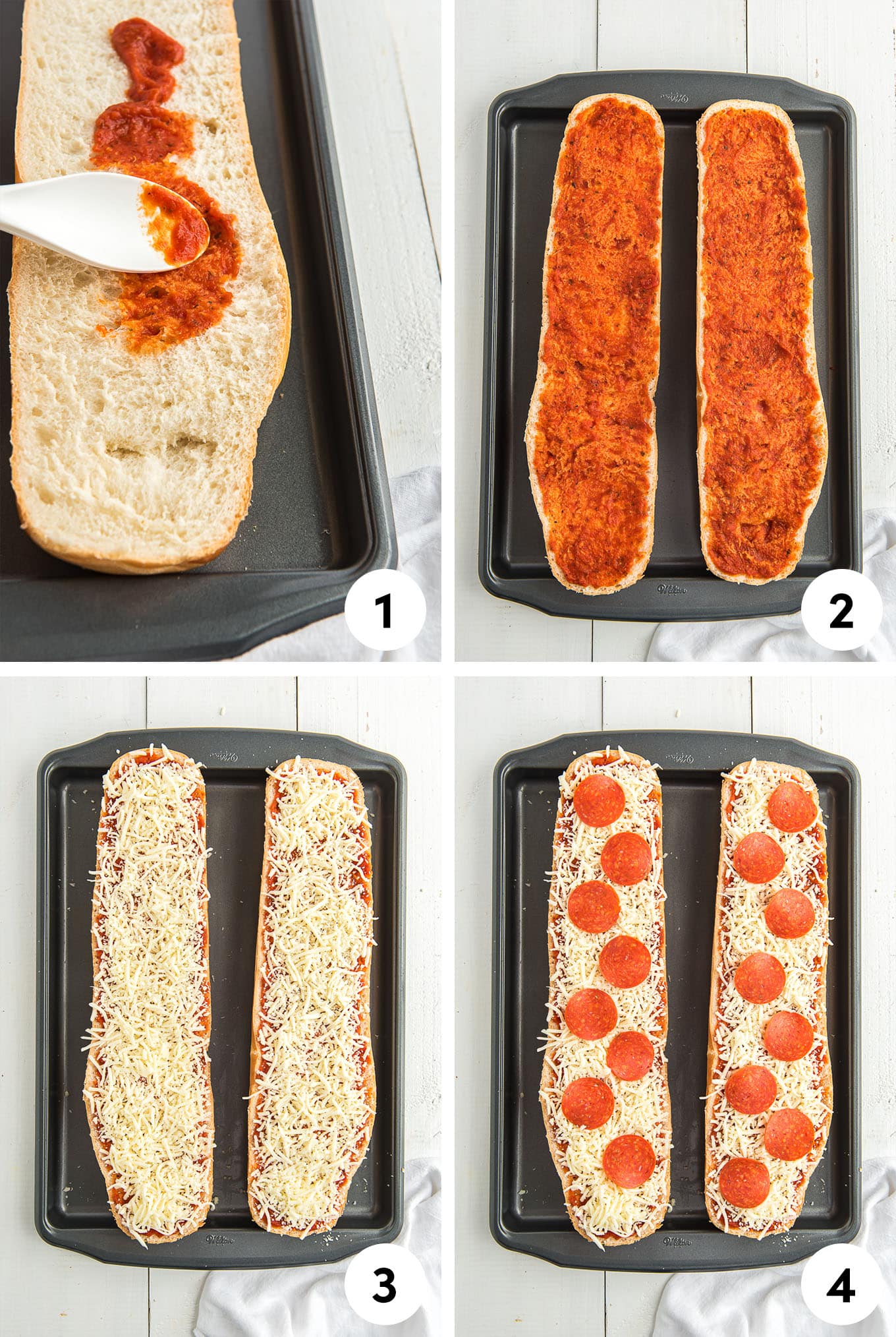 Step by step process photos on how to make pizza on french bread.
