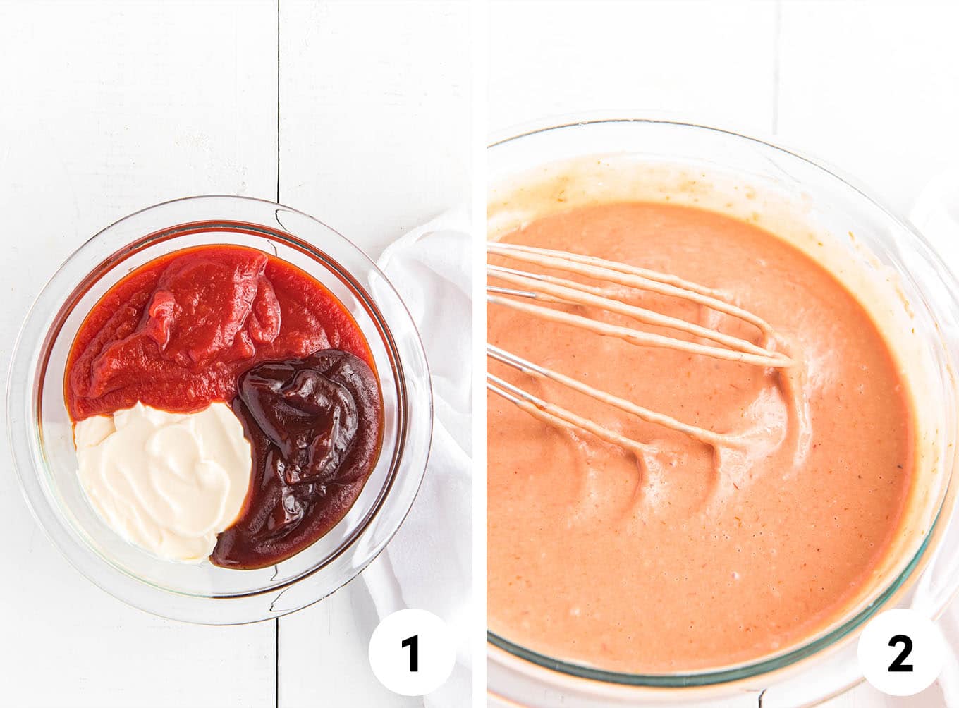 A collage showing all the ingredients in a bowl on the left and then on the right the sauce is mixed together with a whisk in the bowl.