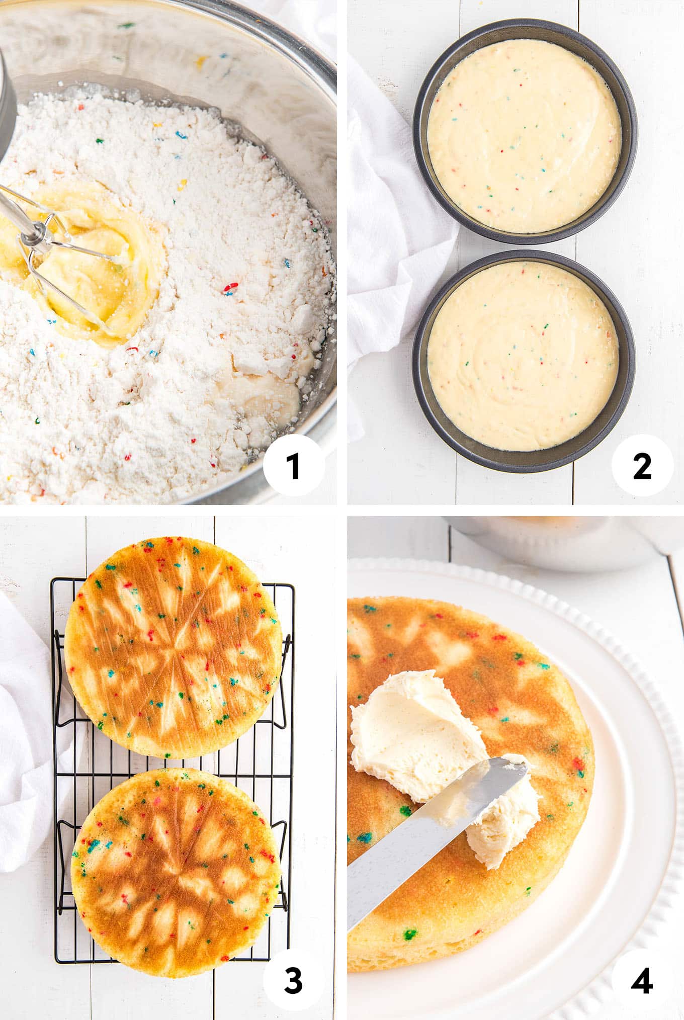 Collage of images showing mixing the funfetti cake mix, batter in the pans, cakes cooling, and adding the frosting.