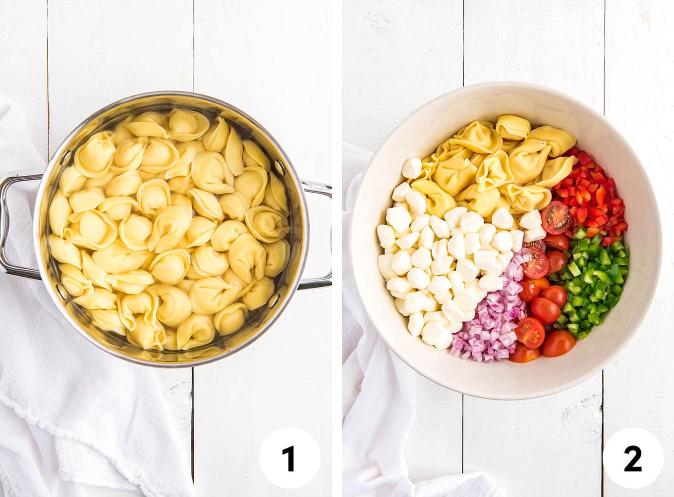 A collage of images showing cooking the tortellini in a pot and the ingredients in a bowl for the salad.