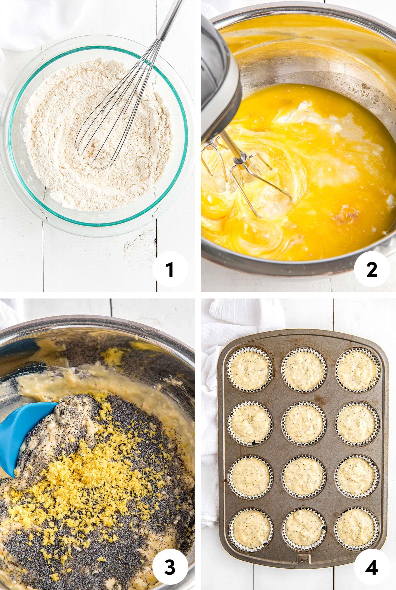 Steps for making lemon muffins with poppy seeds from mixing the flour, beating the sugar and eggs, to mixing in the poppy seeds and finally scooping into a pan.