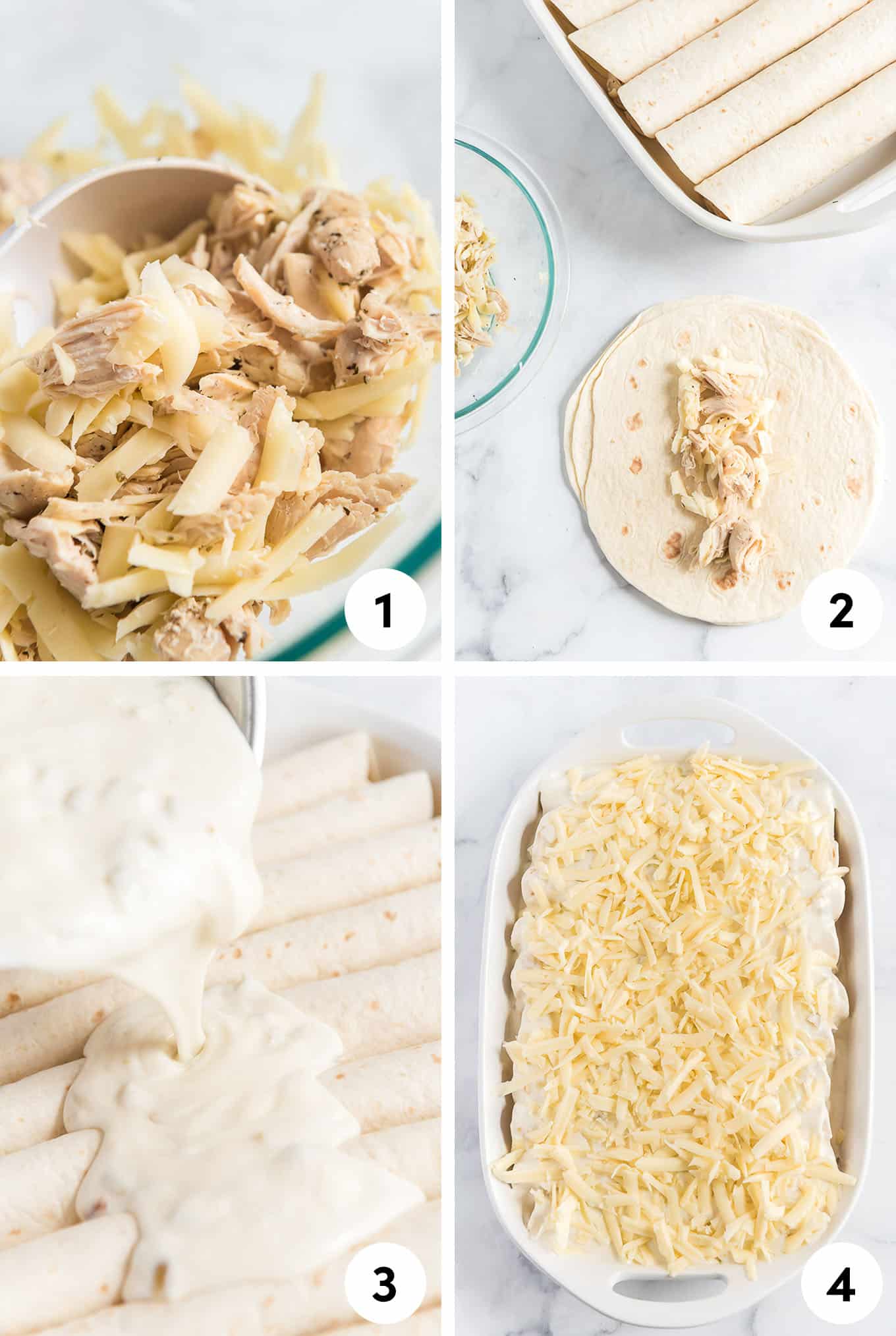 A collage of images showing the steps for assembling the enchiladas from mix the cheese and chicken, adding to flour tortillas and topping with the sauce and cheese.