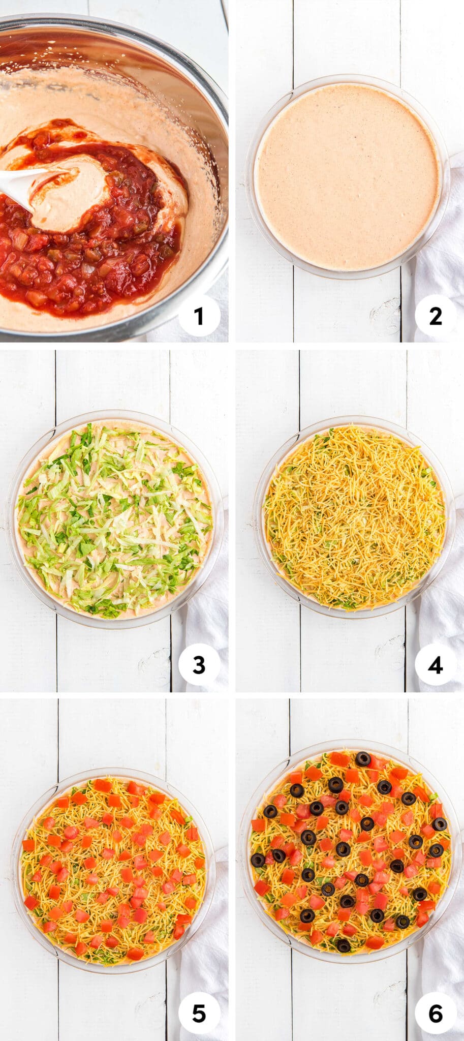 A collage of images showing mixing the taco dip and adding the toppings, lettuce, cheese, tomatoes, and black olives.