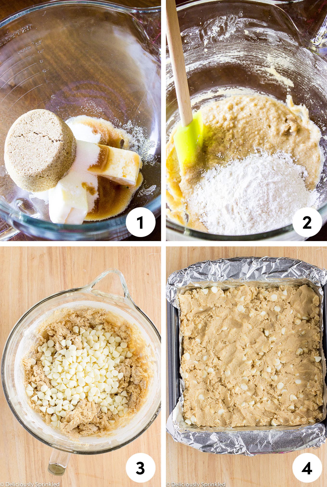 A collage of images showing the ingredients added to the bowl to make white chocolate blondies and then transferred to the baking dish.