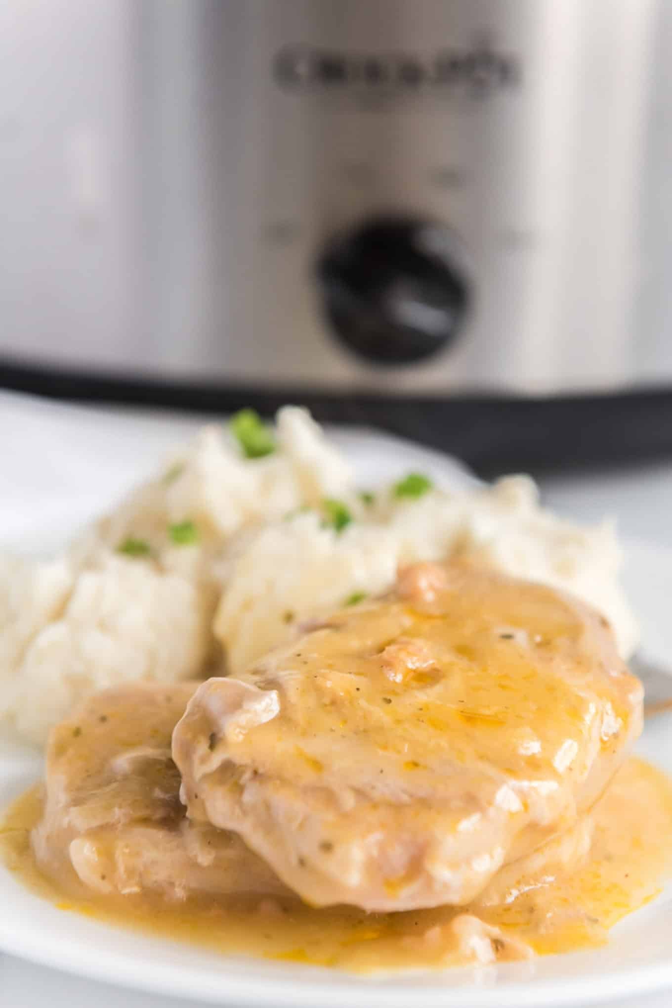Crockpot boneless pork chops smothered with sauce, paired with mashed potatoes. 