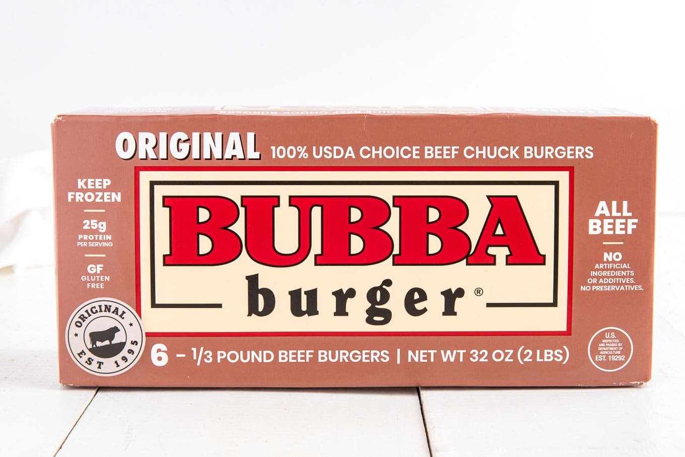 A box of Bubba burgers on the countertop.