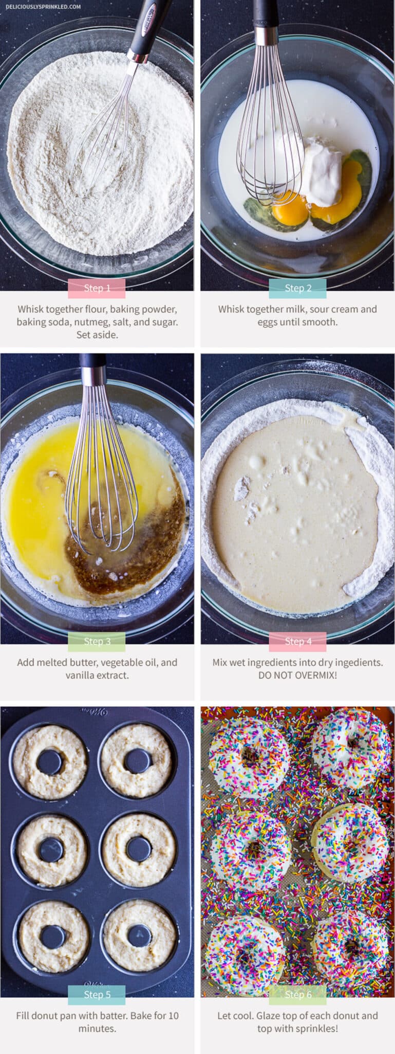 A collage showing mixing up the ingredients to make donuts, pouring them into the baking pan and then with the icing and sprinkles.