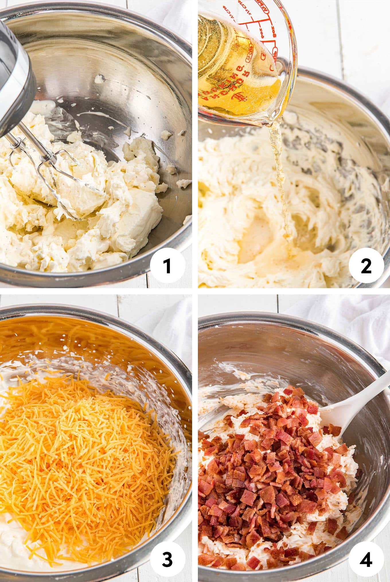 A collage of making pretzel dip by beating the ranch dressing and cream cheese, adding the beer, cheese, and bacon.