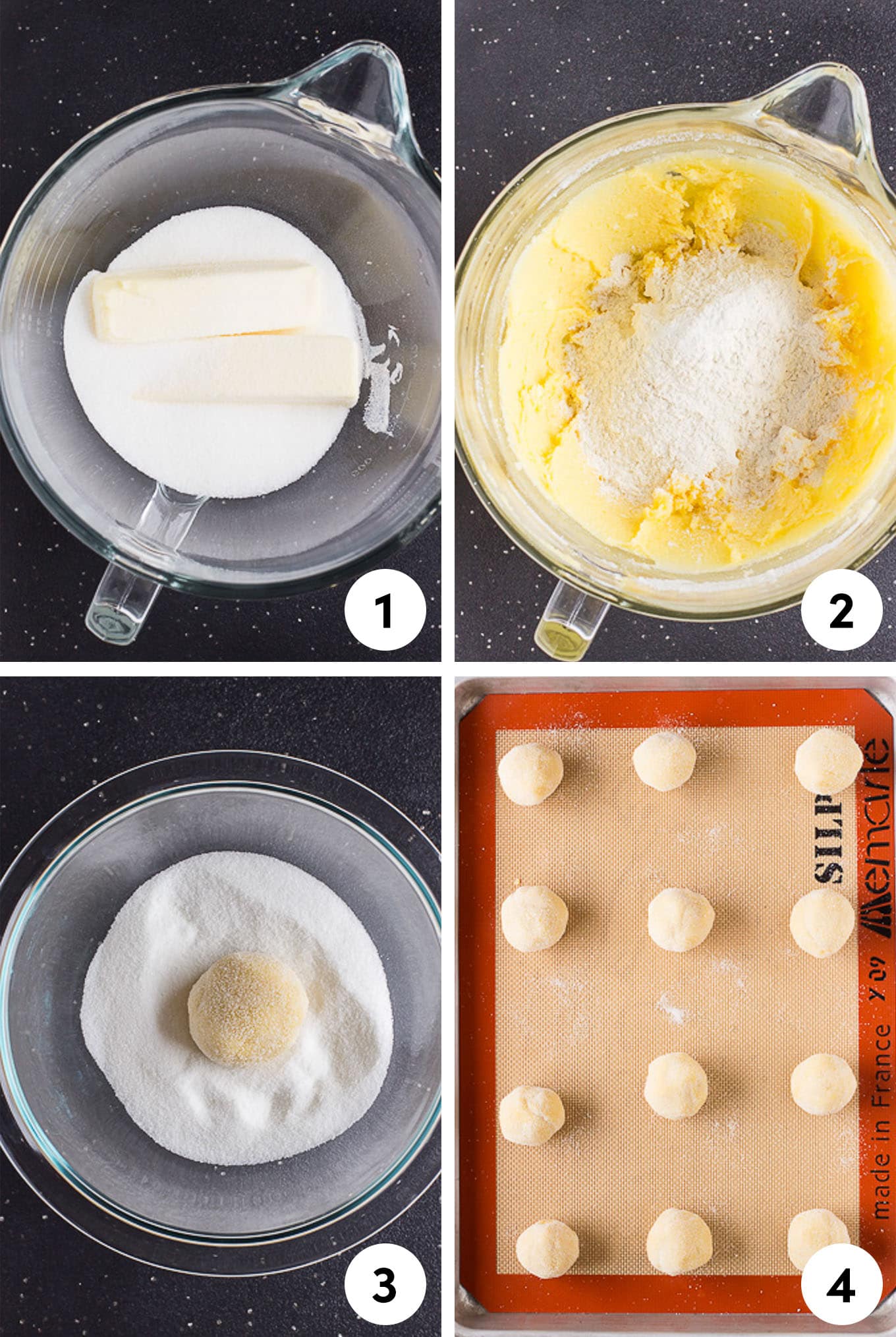 A collage of images showing mixing the butter and sugar then adding the rest of the ingredients before rolling into balls, dipping in sugar and putting the baking pan.