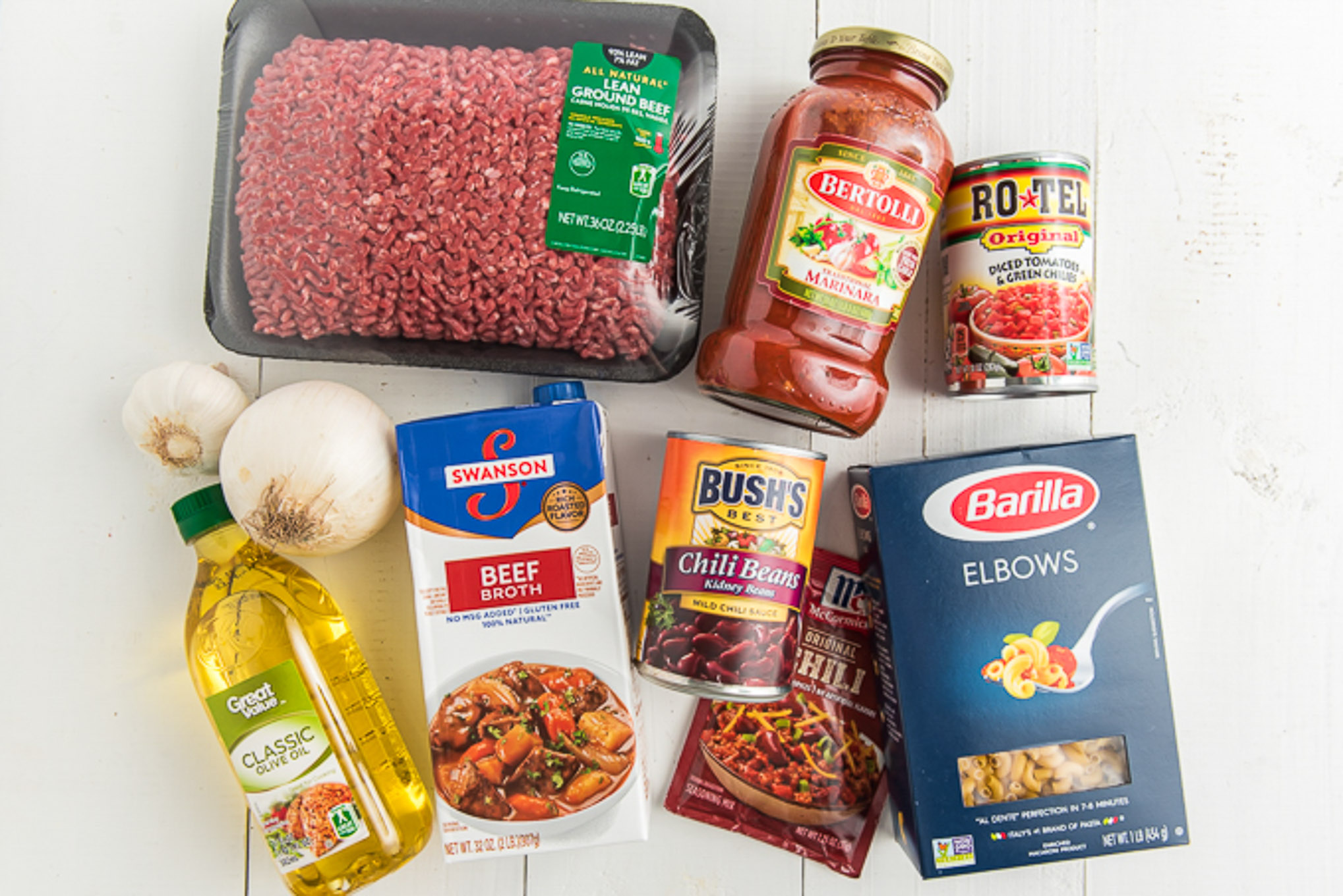 Ingredients to make this chili mac recipe on the table.