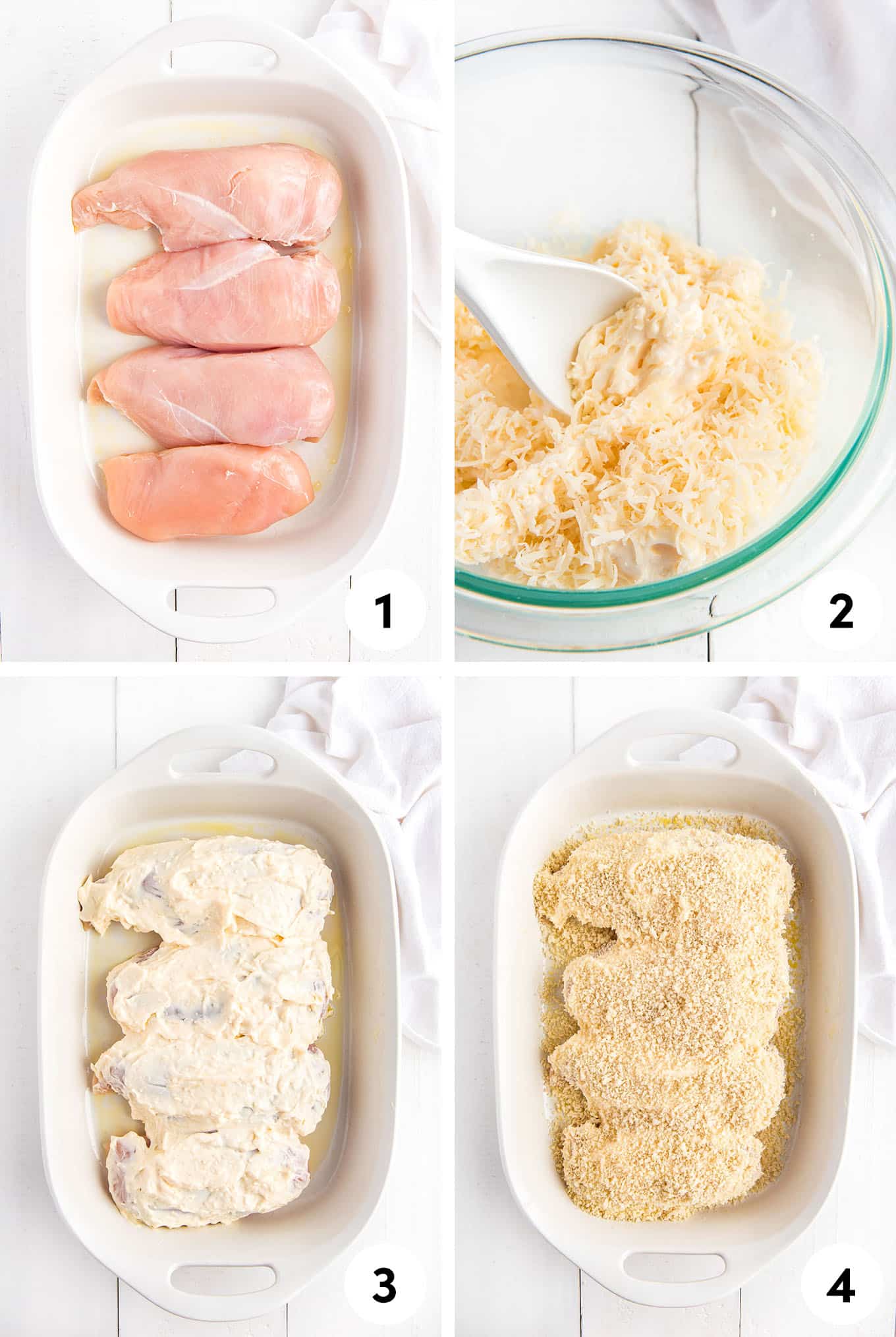 A collage of images showing the chicken in a baking dish, mixing the mayo and cheese, adding it to the top of the chicken, and finally adding the breadcrumbs.