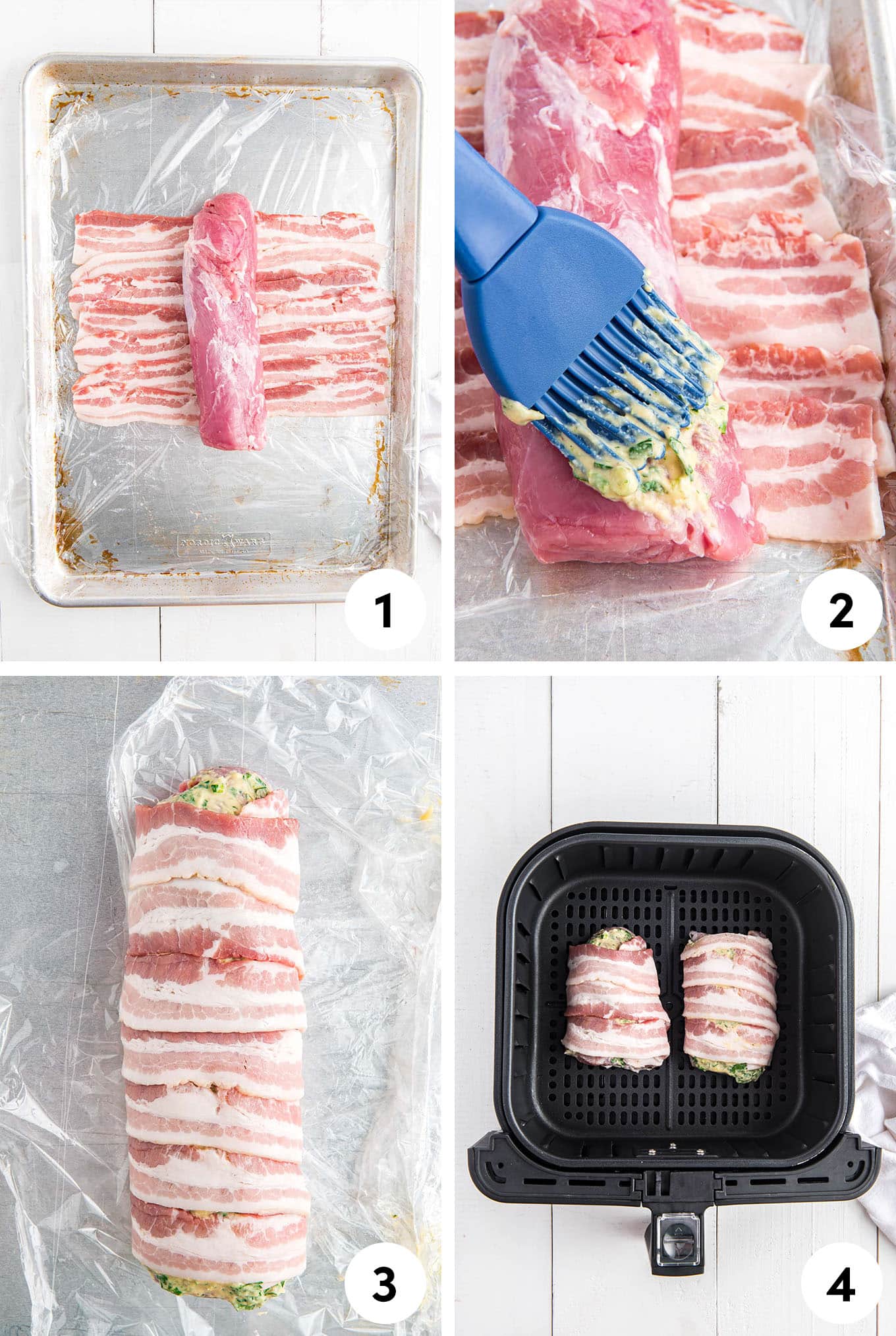 A collage of steps showing wrapping the pork in bacon and then cooking it in the air fryer.