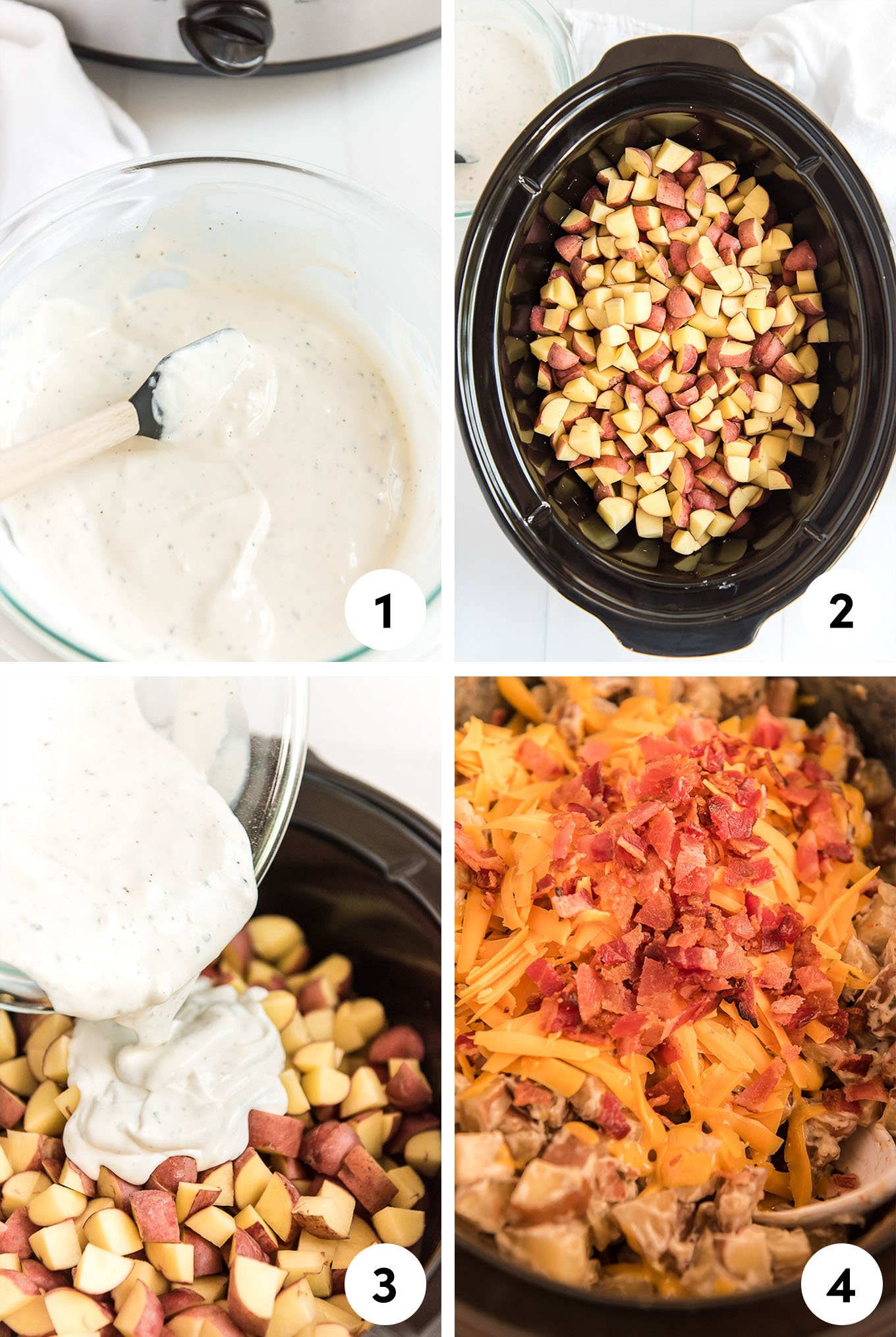 A collage of images showing the steps for making cheesy potatoes in the slow cooker.