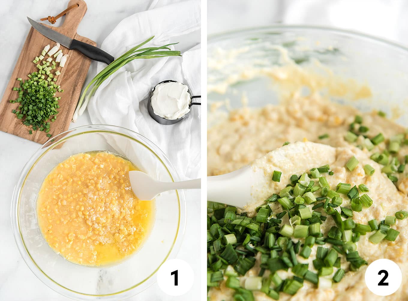 A collage of mixing the ingredients in a bowl and then adding the green onions.