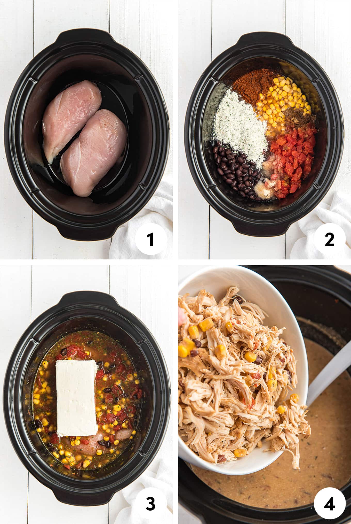 A collage of the chicken in the crockpot, topped with the other ingredients, the cream cheese block added, and finally adding the shredded chicken to the cooked white chili.