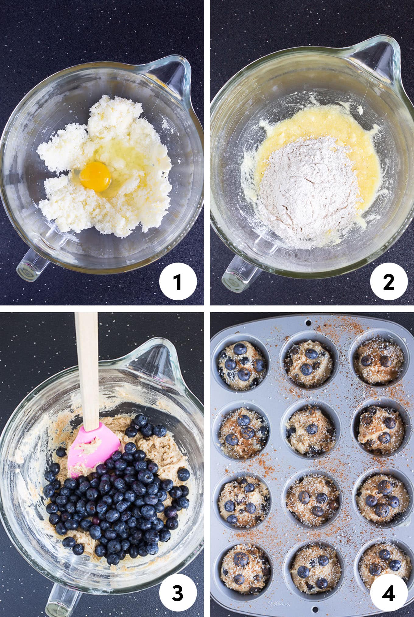 A collage of images showing mixing the blueberry muffins and placing them in a pan.