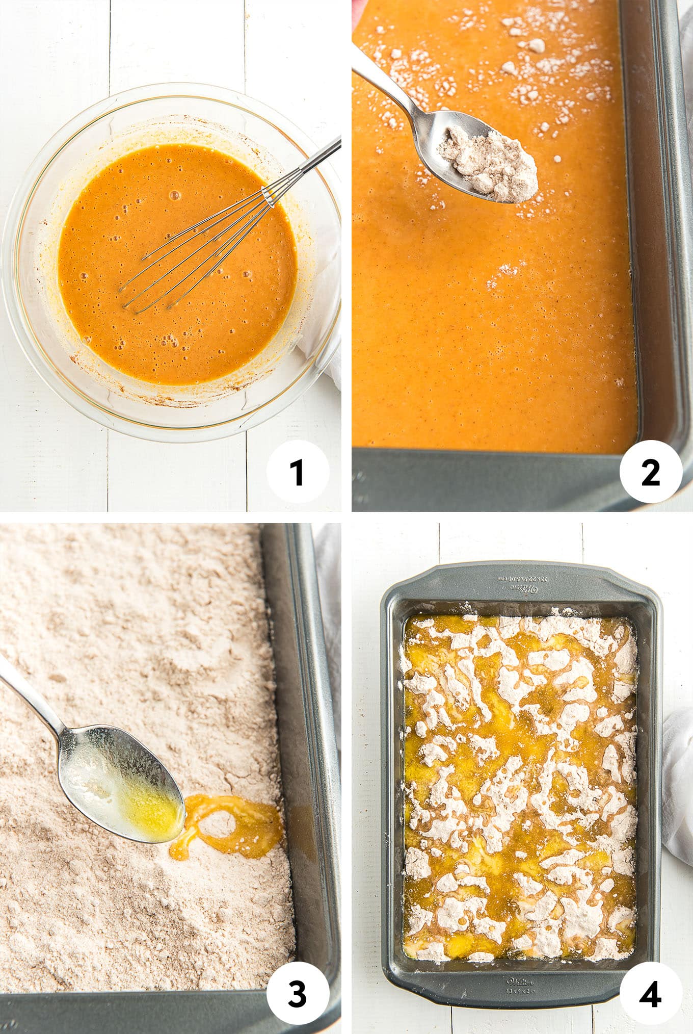 step by step process photos on how to make a pumpkin cake with cake mix. 