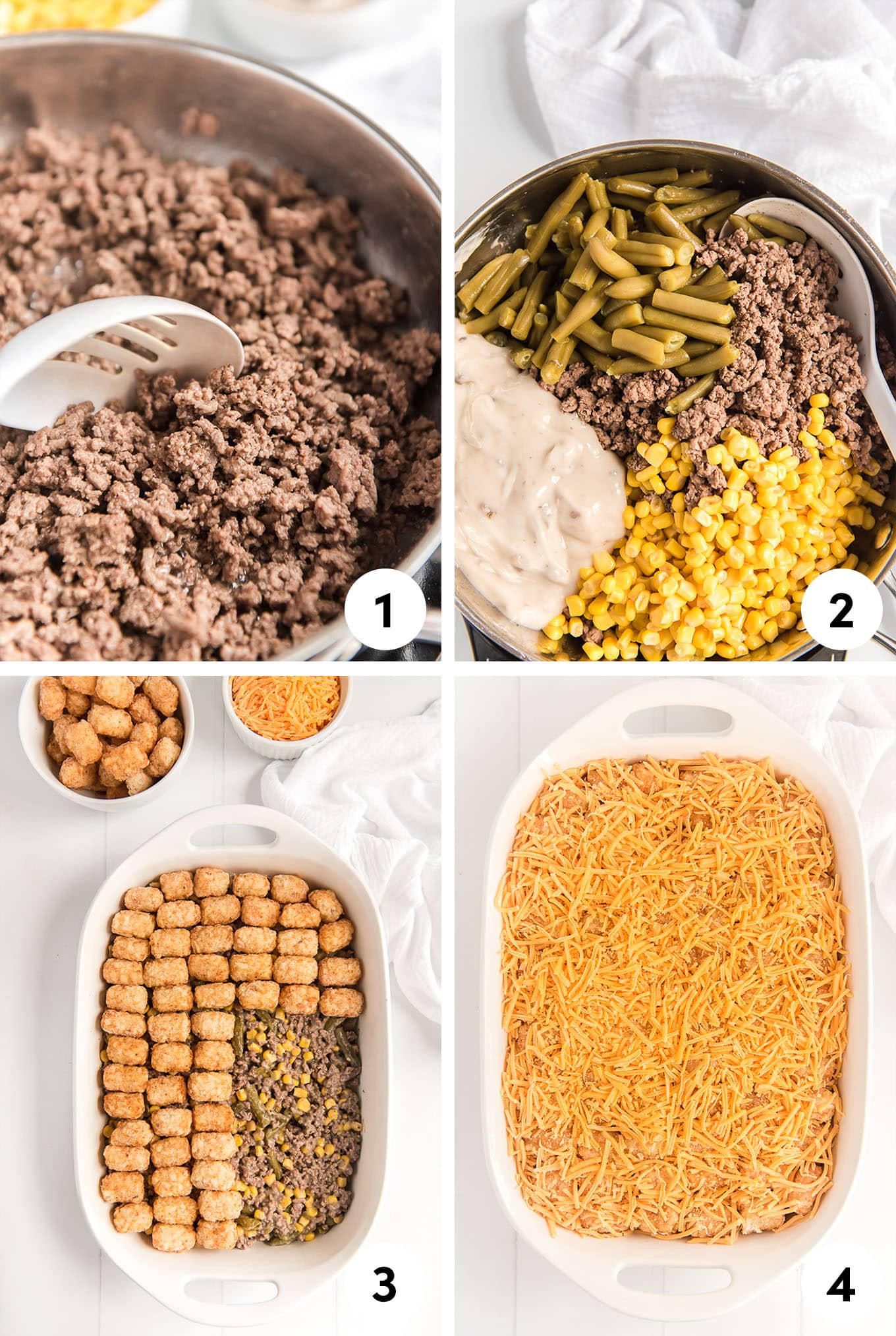 A collage of images showing cooking the ground beef, mixing everything together, and assembling the casserole.