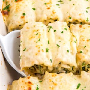 Chicken lasagna roll ups in a baking dish with a spatula lifting up two from the pan.