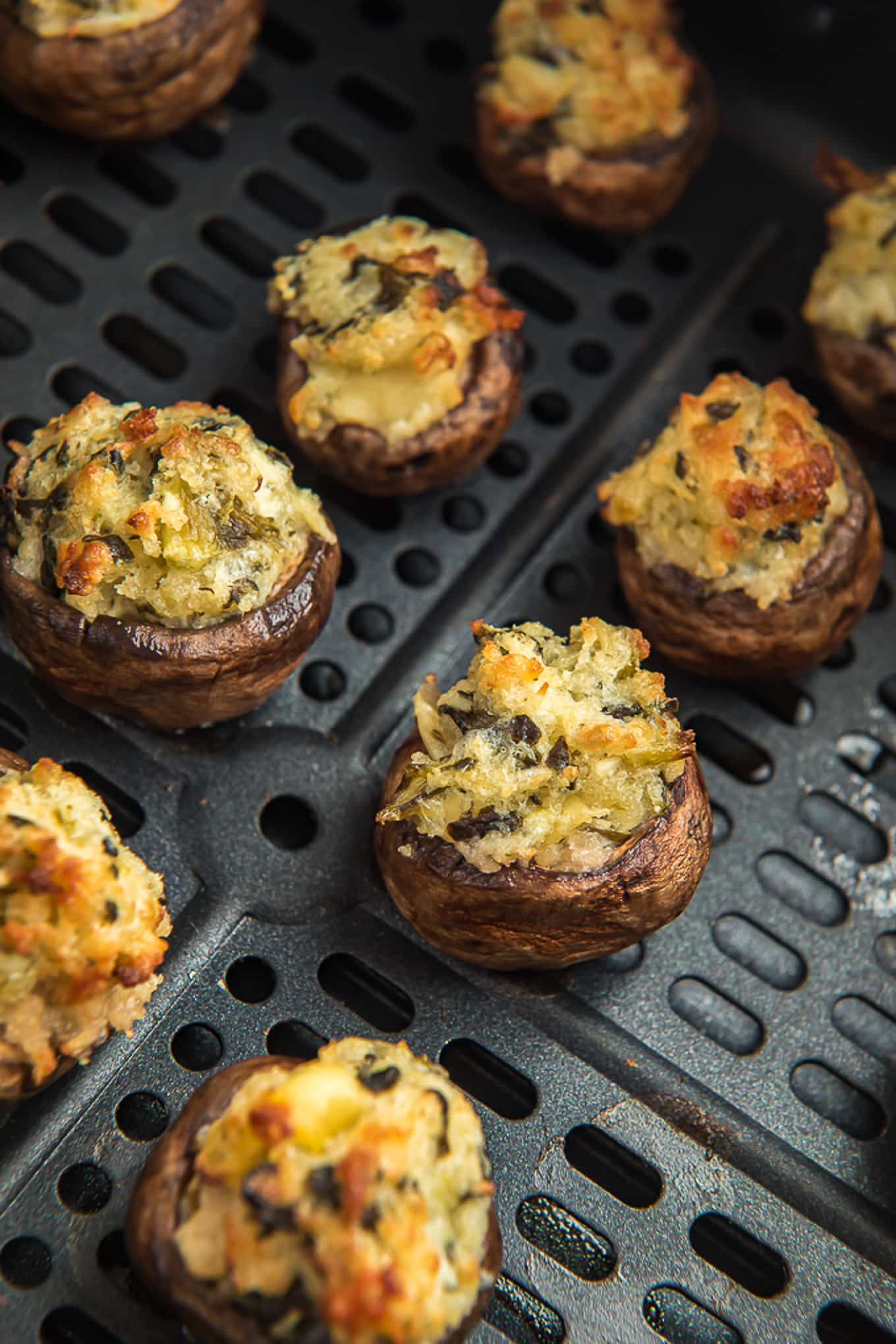 Cream cheese stuffed mushrooms in the air fryer right after cooking.