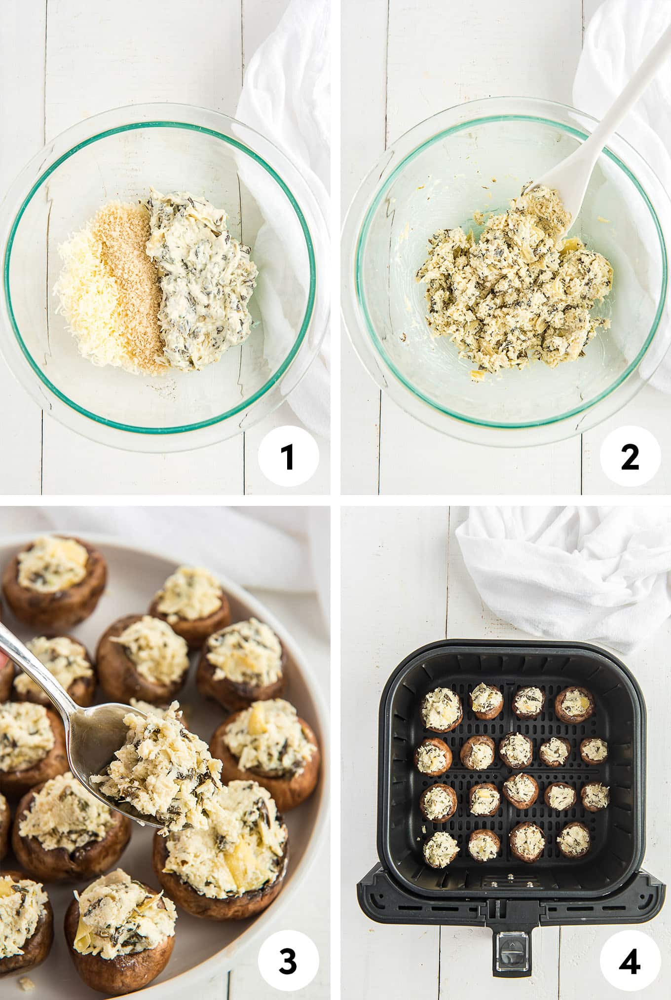 A collage showing the steps for making stuffed mushrooms in the air fryer including mixing the filling, stuffing the mushrooms, and in the air fryer basket.