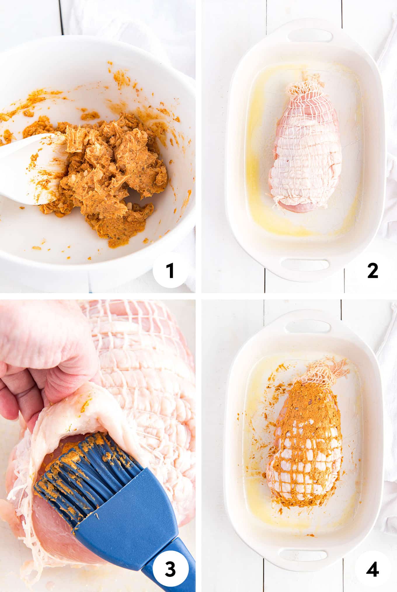 A collage of images showing the preparation of roasted turkey breast from making the butter rub, the turkey in the pan, brushing under the skin, and after it's all covered with butter mixture.