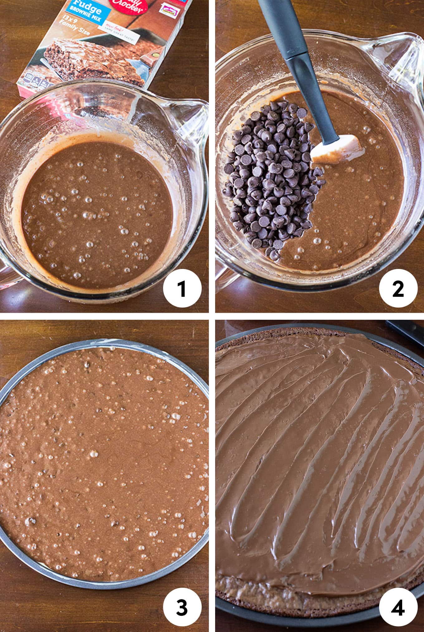 Collage of images showing how to mix up the brownie dessert pizza from mixing the brownie batter, adding the chocolate chips, in the pan, and topped with Nutella.