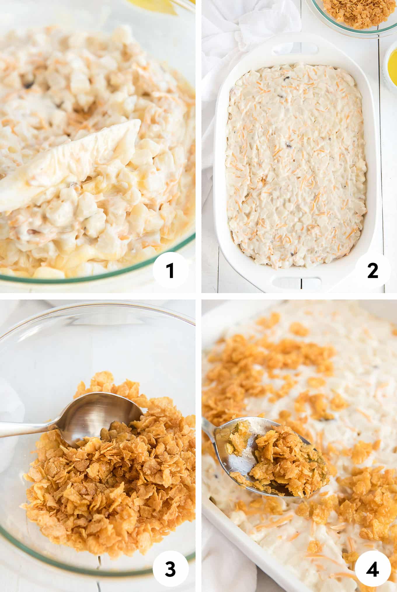 A collage of images showing mixing the ingredients together, in the baking dish, mixing the topping, and adding the corn flakes on top.