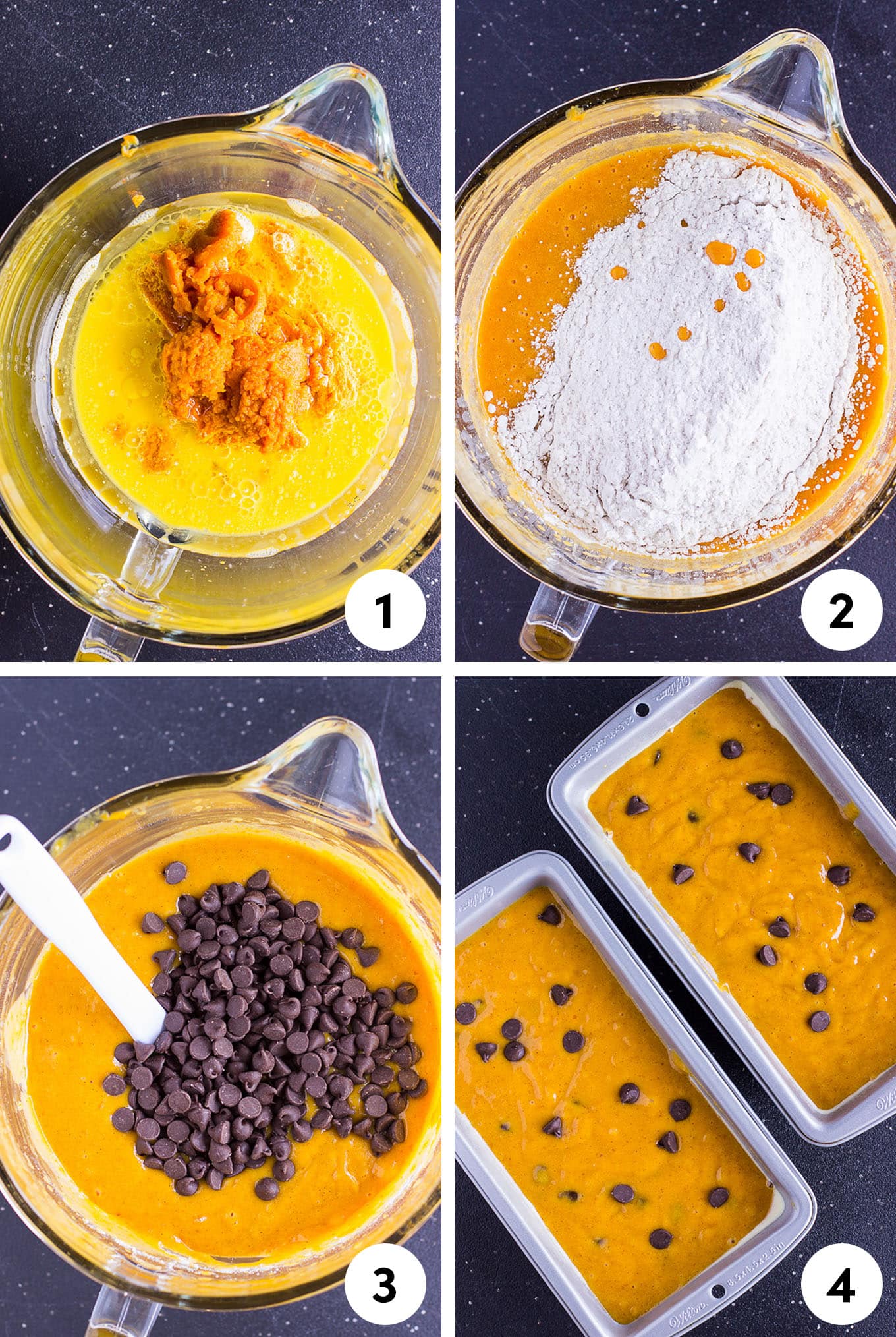 Collage of images including mixing the wet ingredients, dry ingredients, mixed together, and chips added before pouring it into pans.