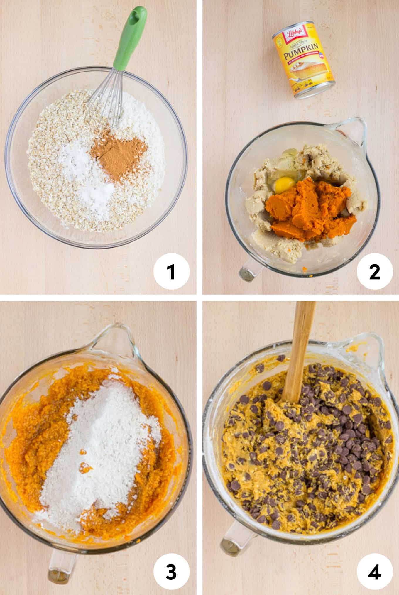 A collage of images showing the main steps in making pumpkin oatmeal cookies.