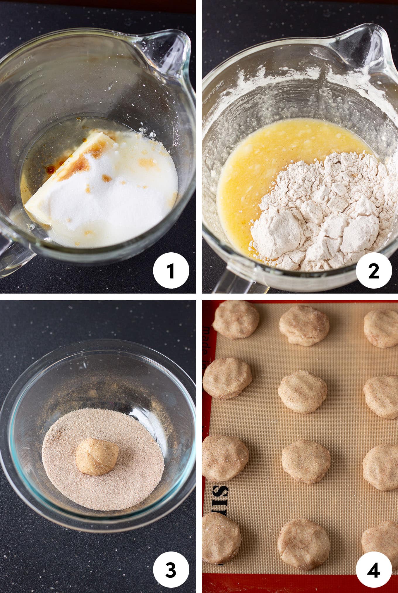 A collage of images showing the steps for mixing up snickerdoodle cookies.