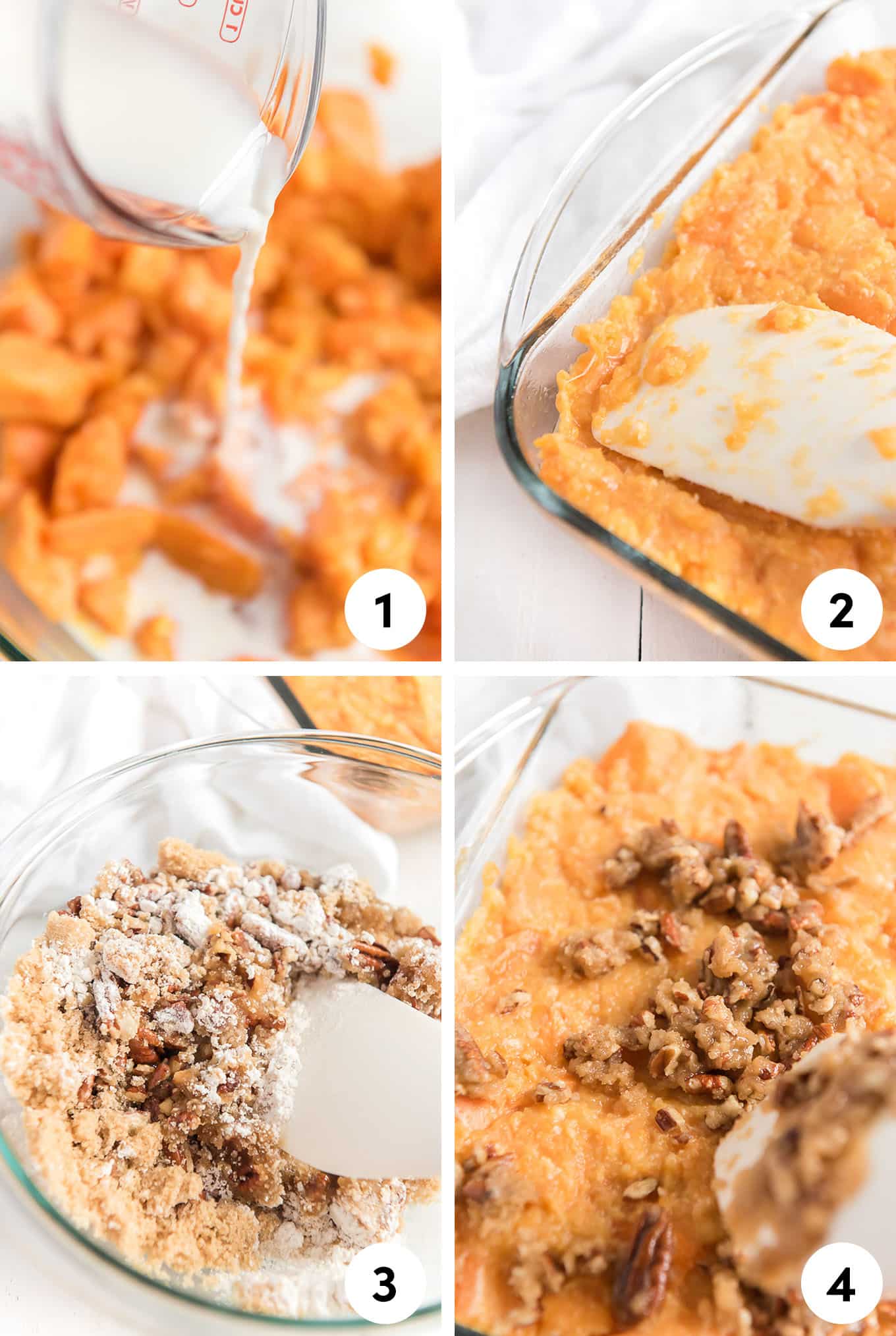 A collage of images showing the steps for making canned sweet potato casserole.