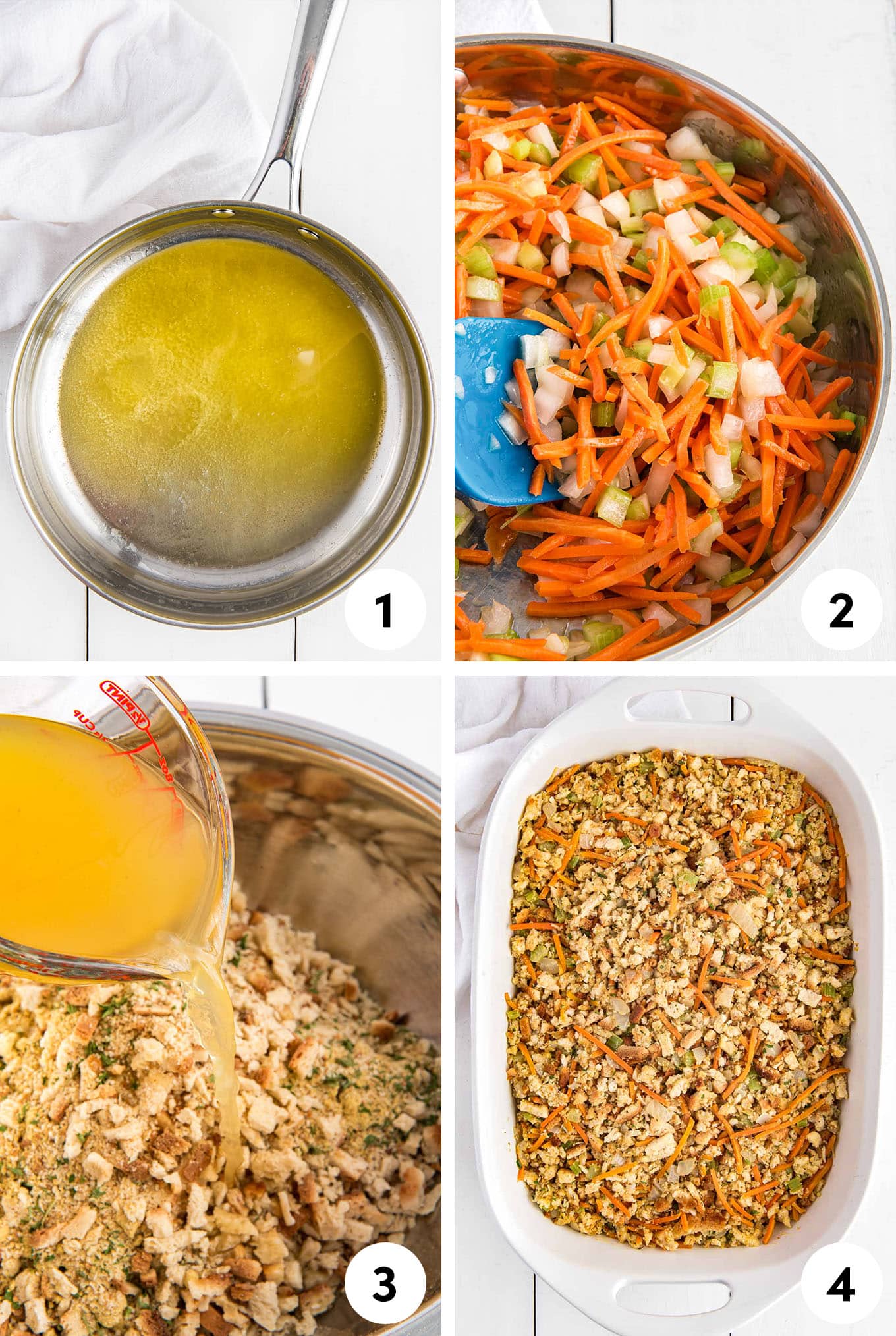 A collage of images from melting the butter to cooking the vegetables, then adding the stuffing mix and putting it in a baking dish.