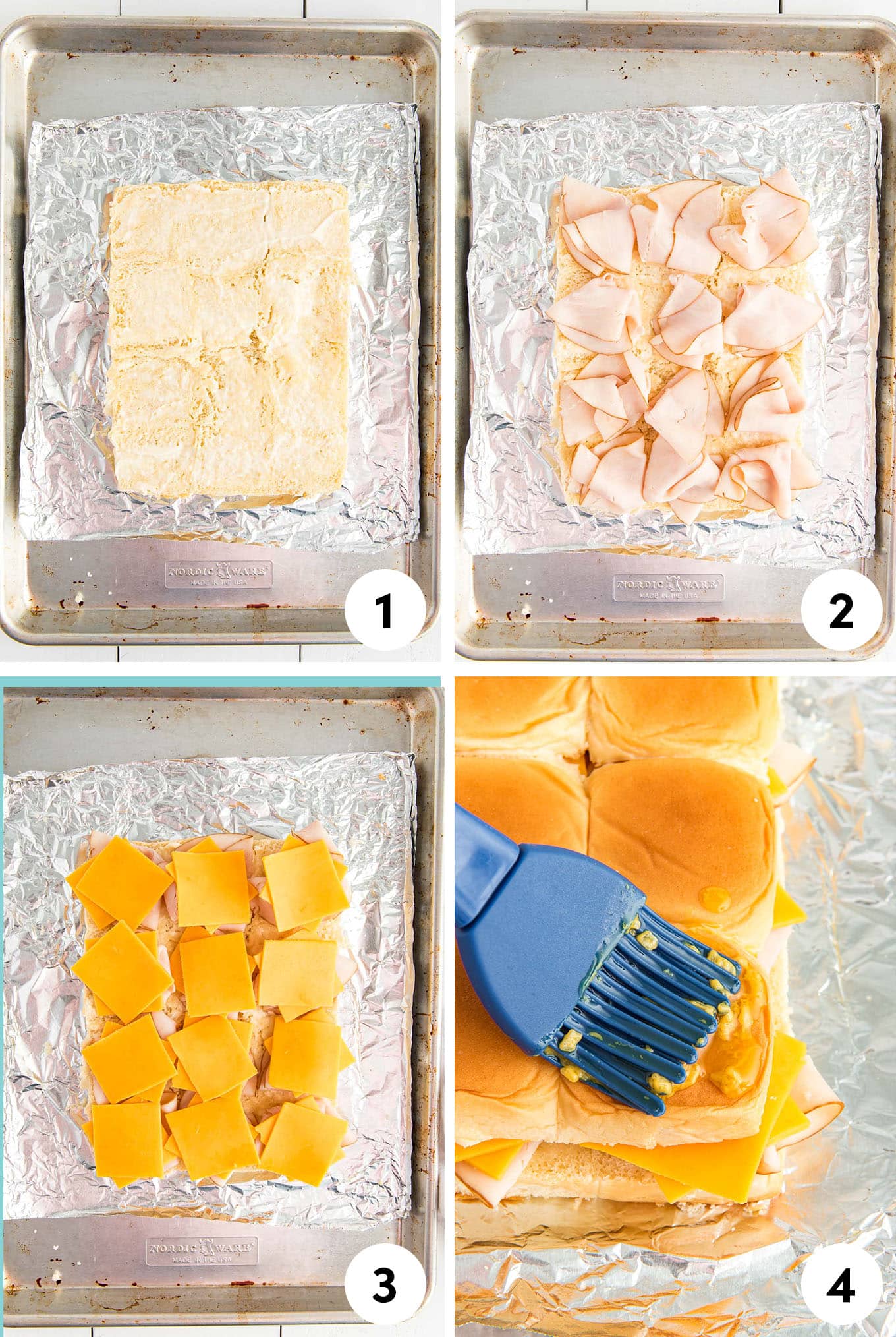a collage of four numbered process shots on how to make turkey sliders.