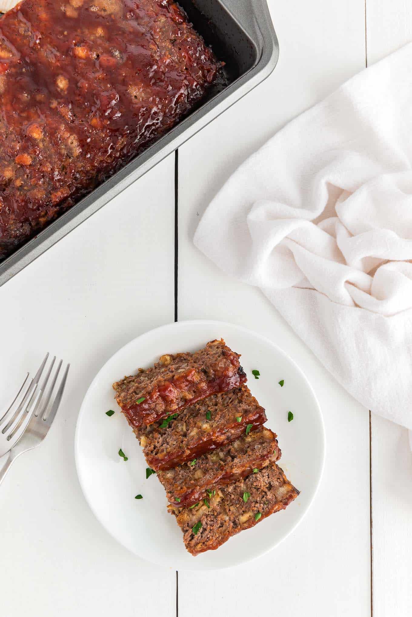 Plate and pan of meatloaf.