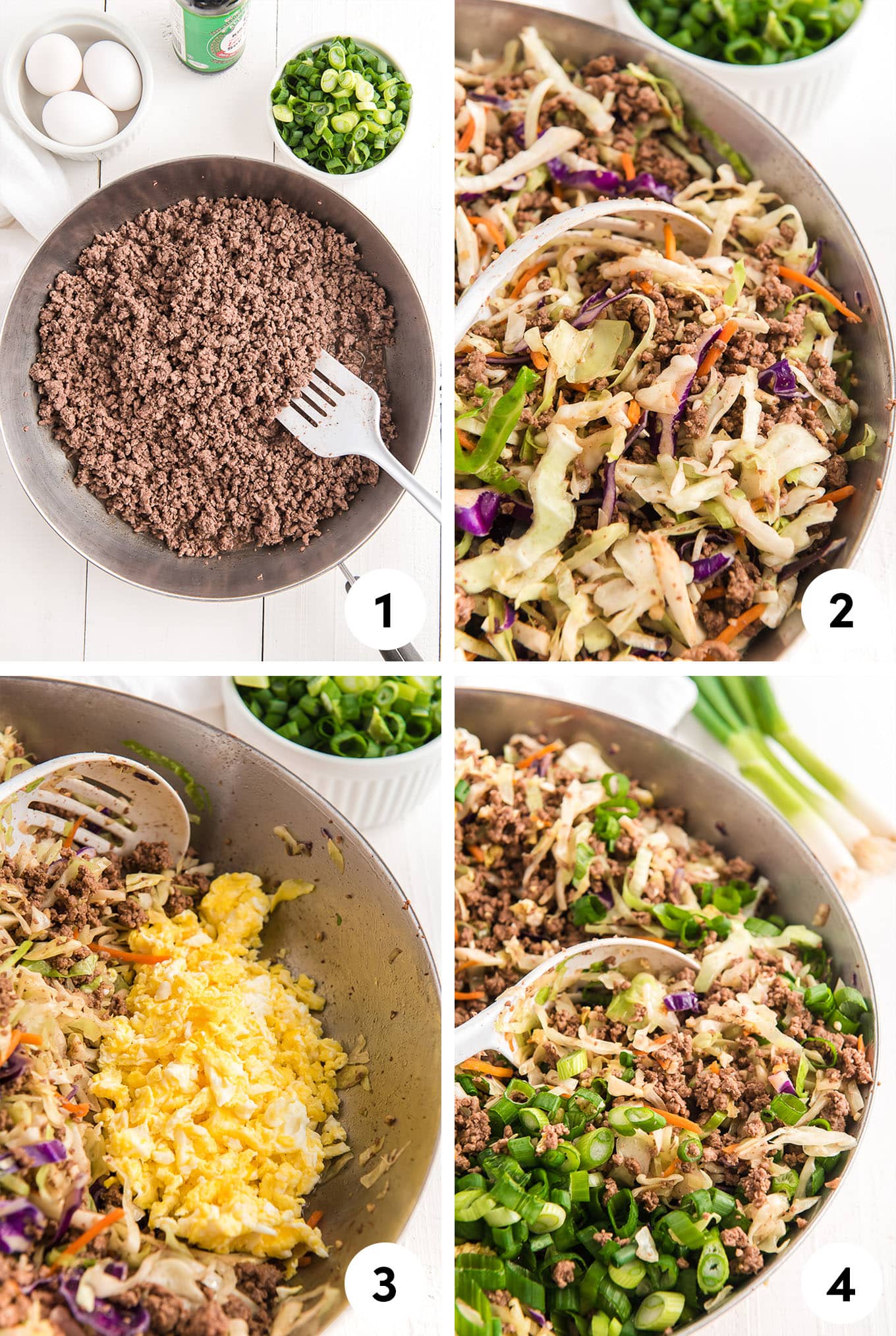 Step by step instructions for egg roll in a bowl. 