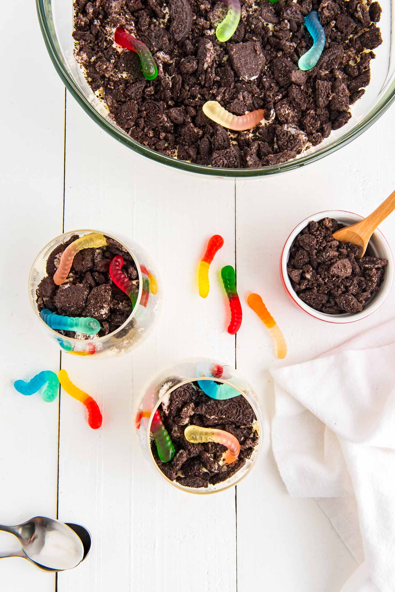 Above shot of Oreo dirt cake and individual cups. 